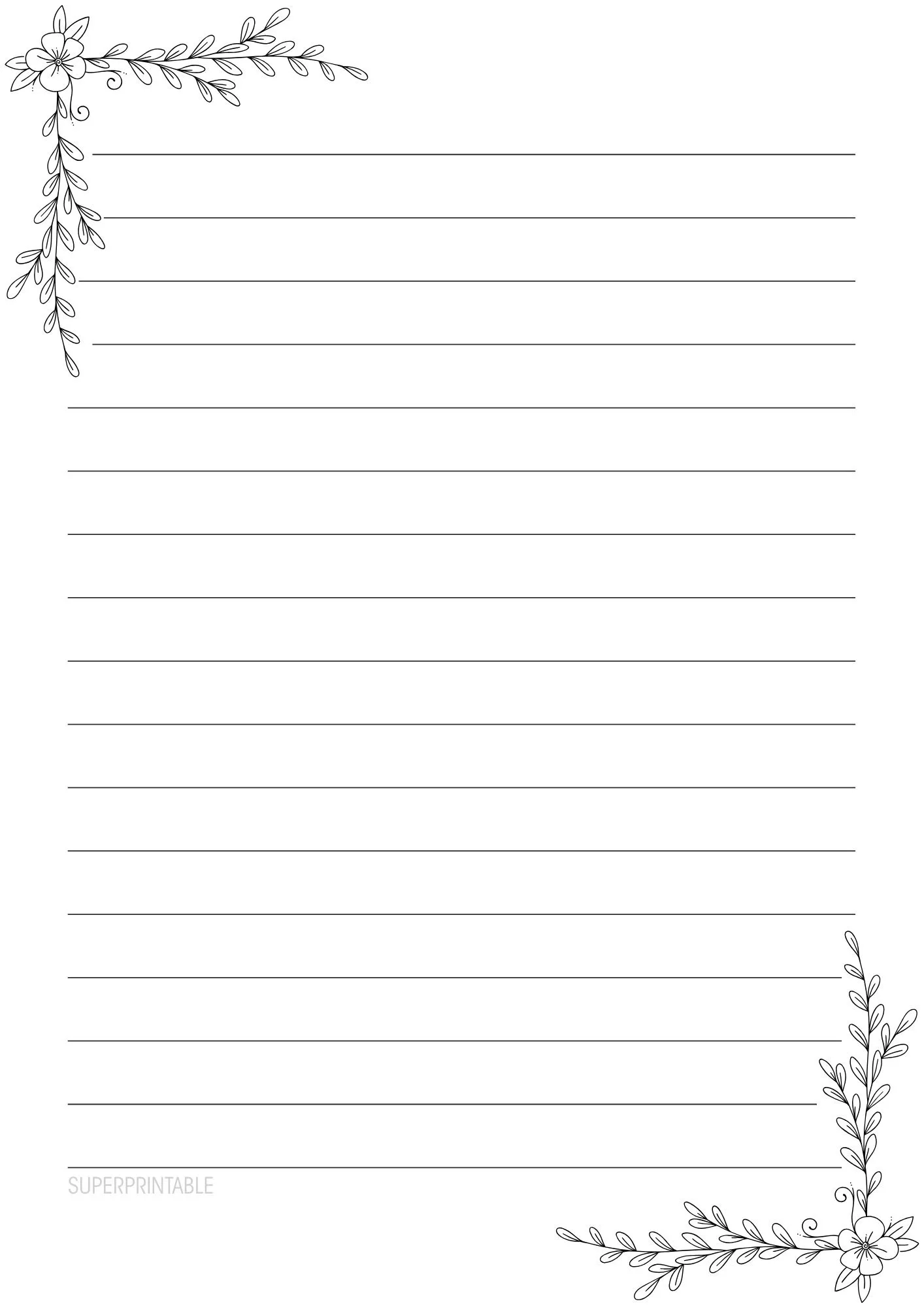 Black and White Floral Corner Writing Paper Printable 4