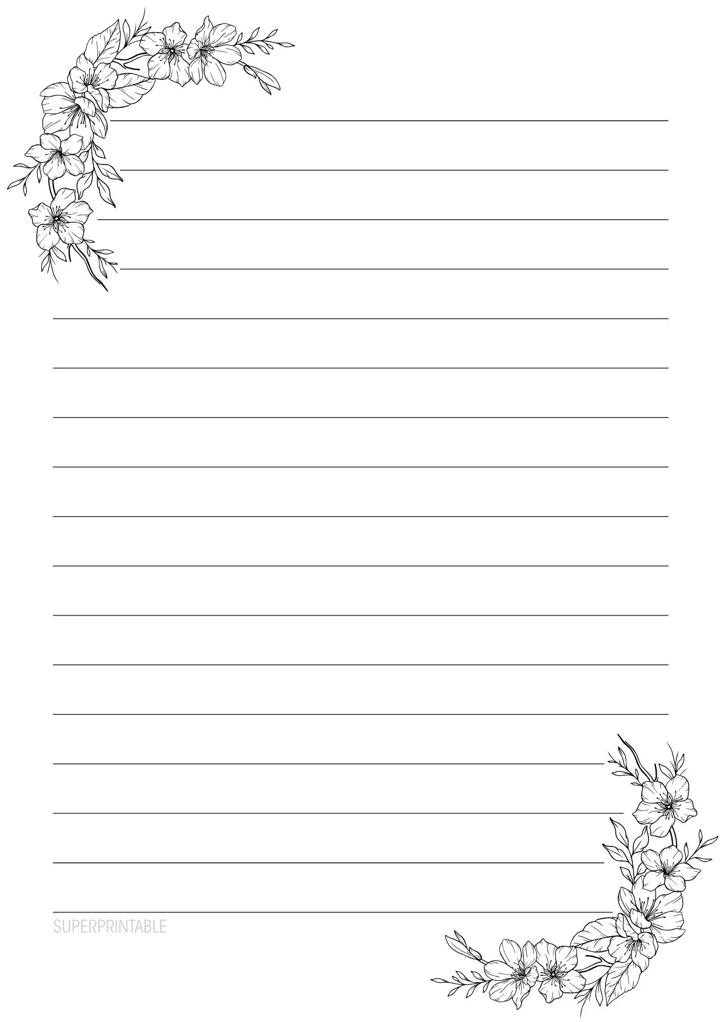 Black and White Floral Corner Writing Paper Printable 5