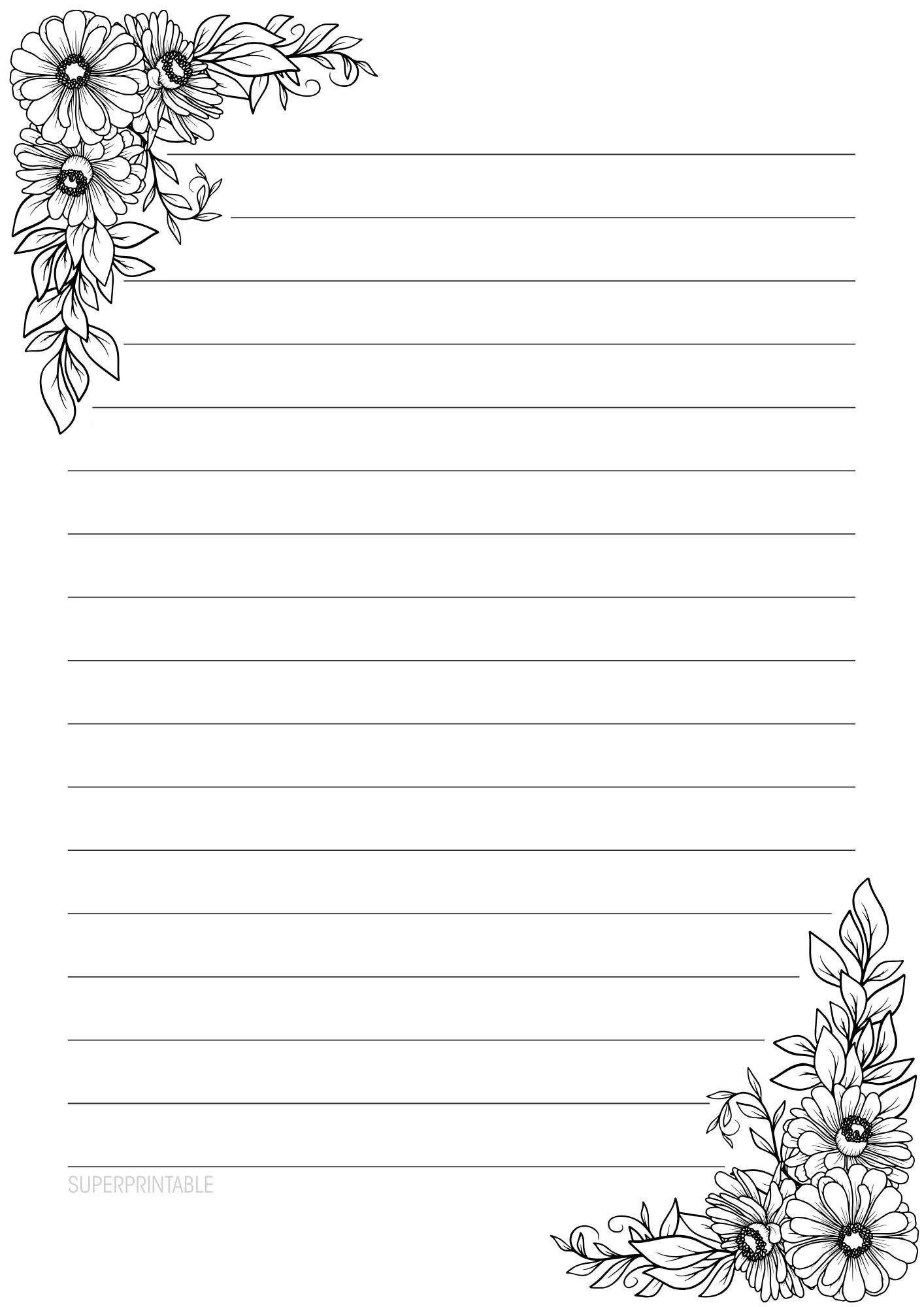 Black and White Floral Corner Writing Paper Printable 6