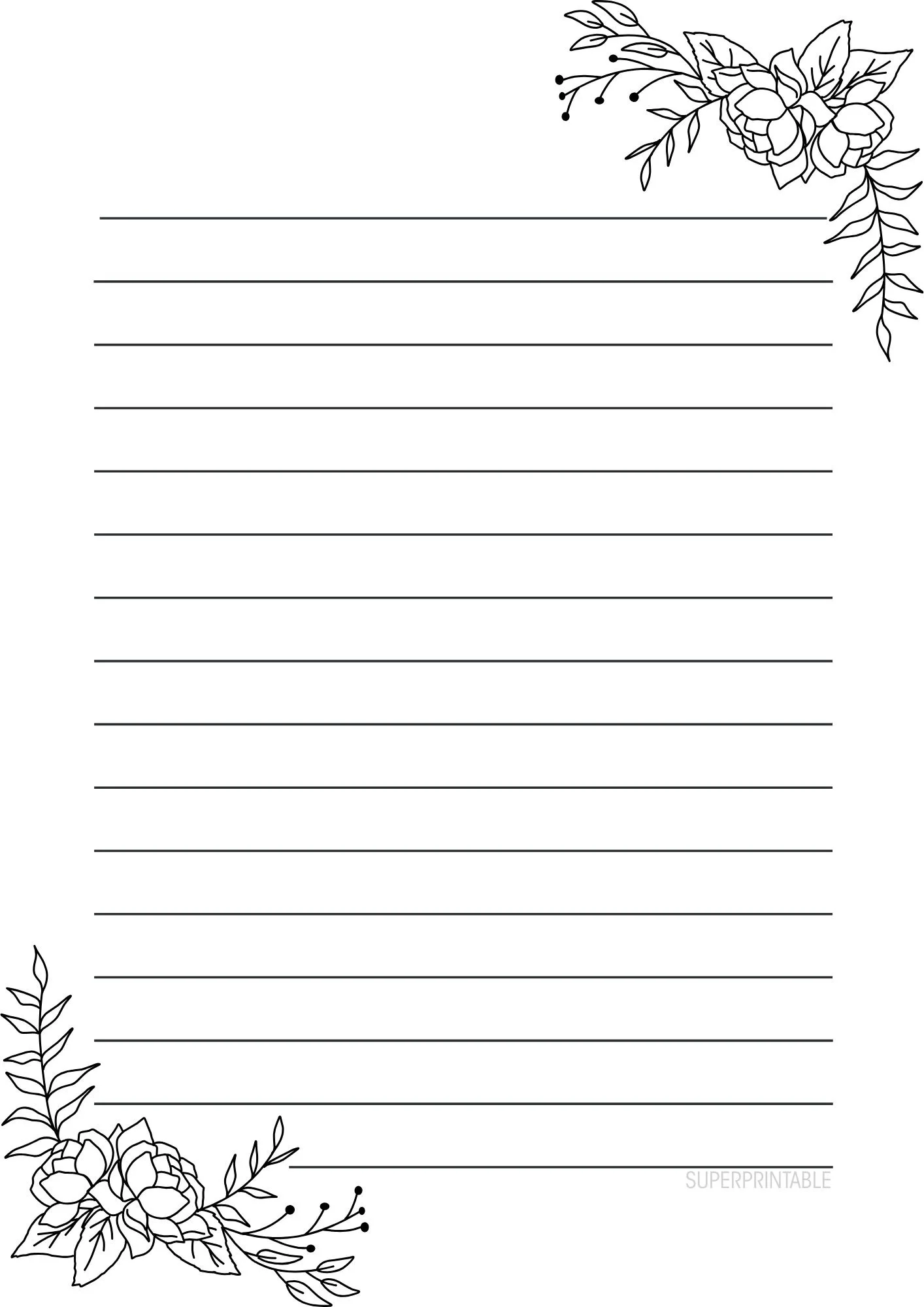 Black and White Floral Lined Writing Paper 1