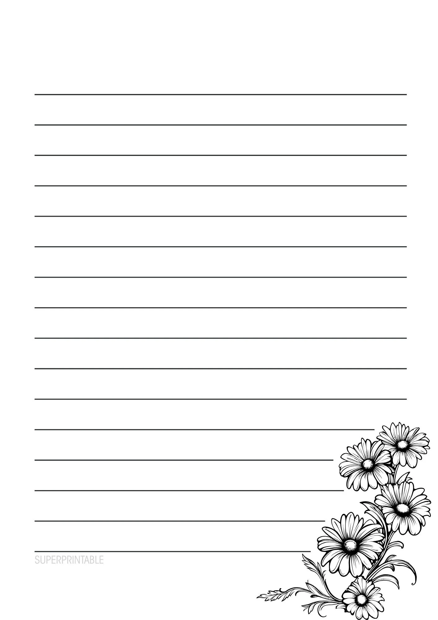 Black and White Floral Lined Writing Paper Printable 2