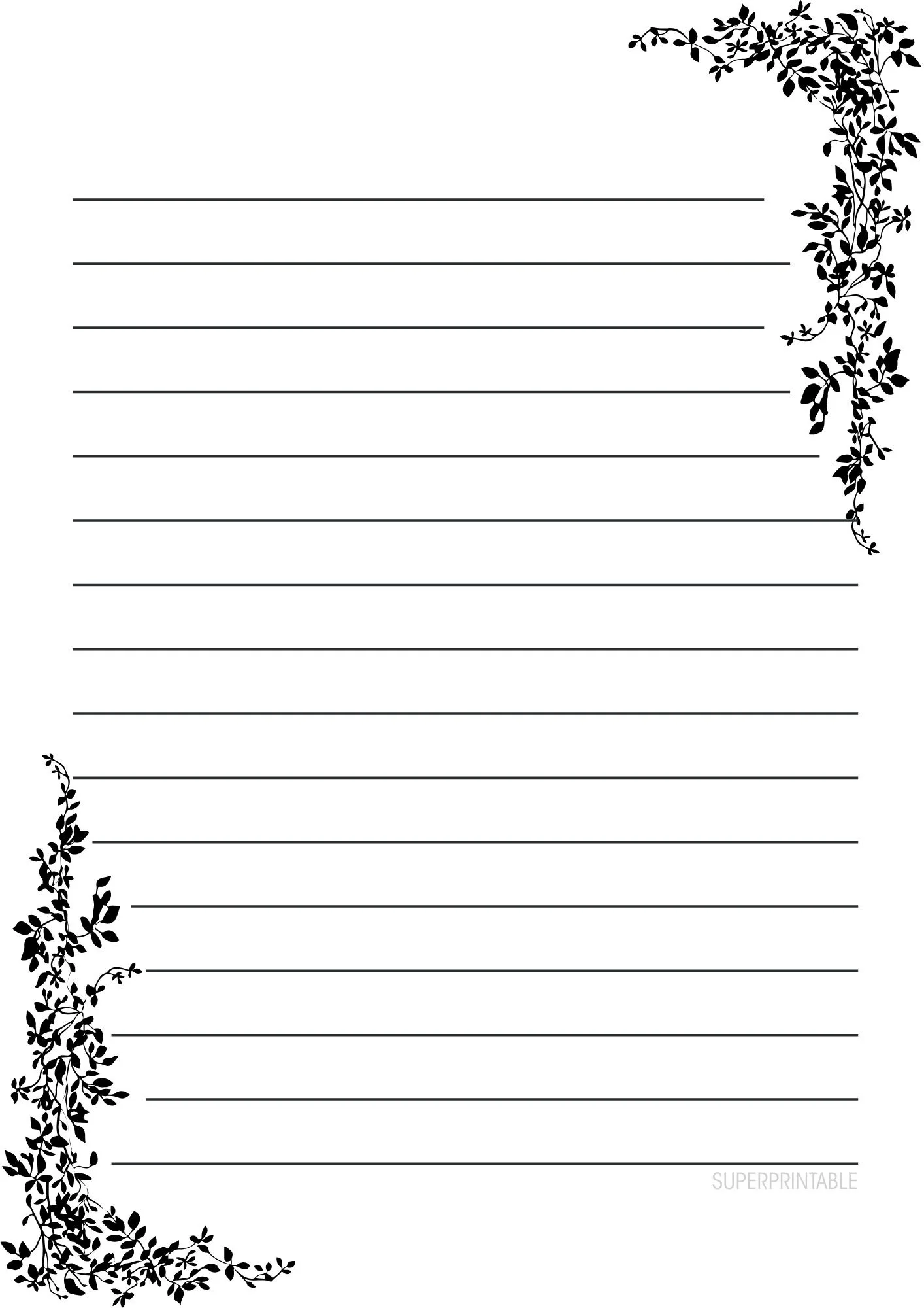 Black and White Floral Lined Writing Paper Printable 3