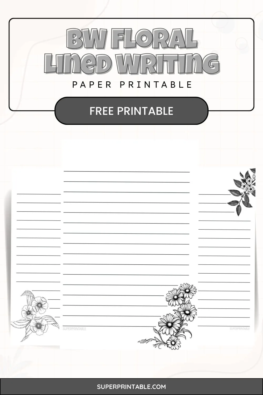 Black and White Floral Lined Writing Paper Printable Pinterest Image