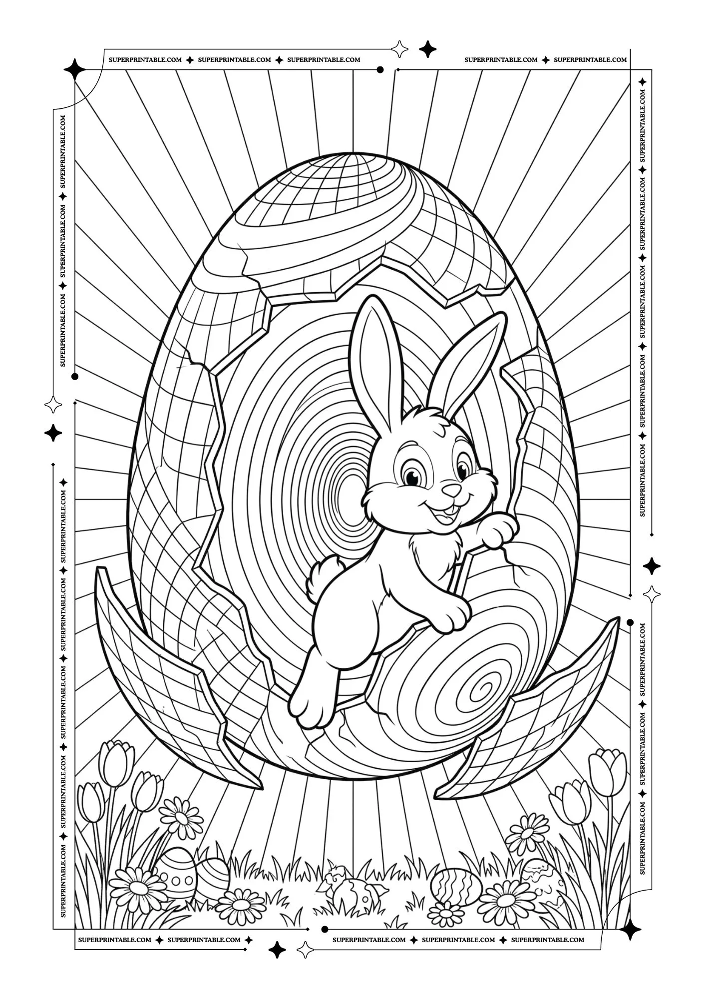 Bunny Jumping Out of Easter Eggs Illusion Coloring Pages 1