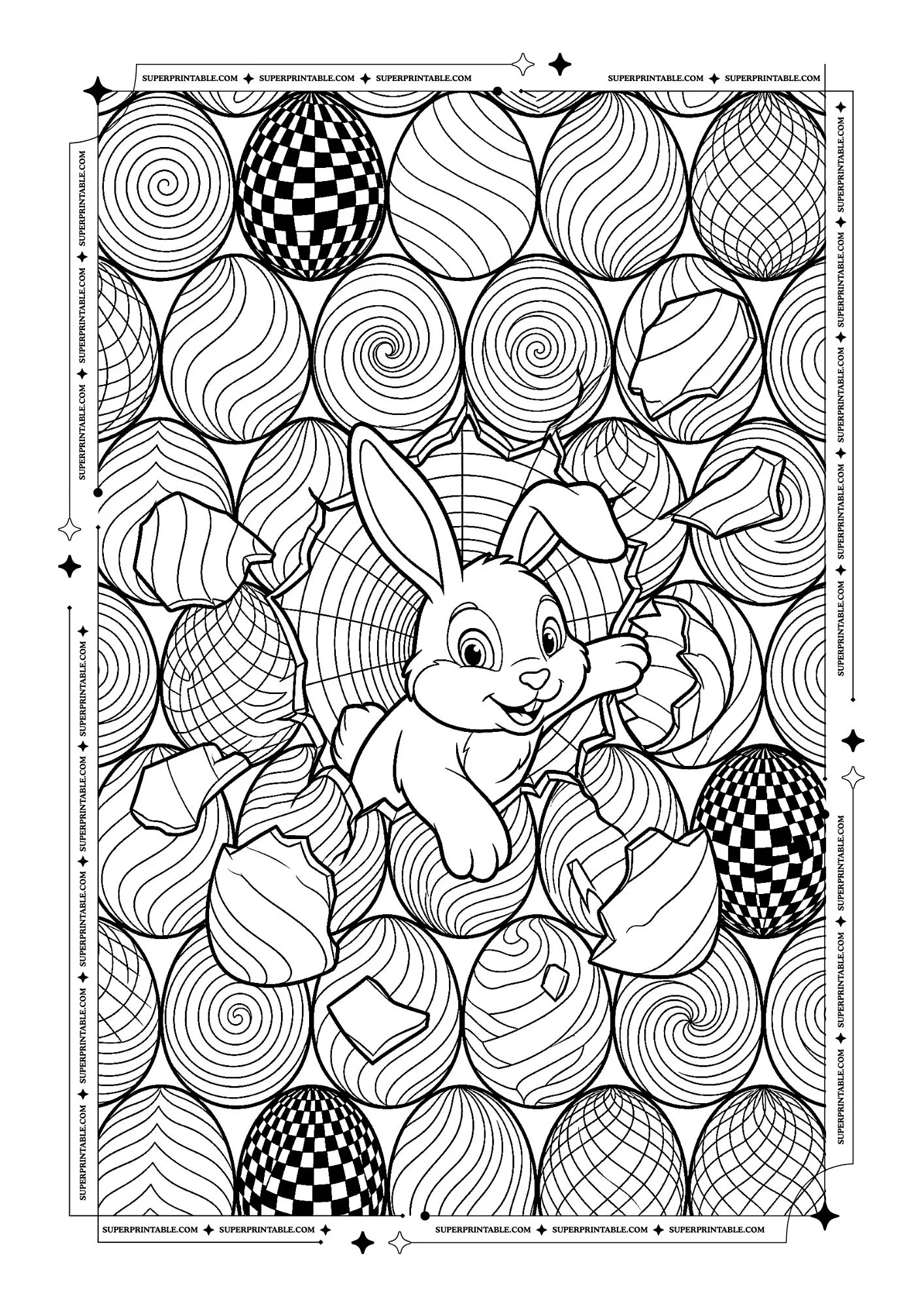 Bunny Jumping Out of Easter Eggs Illusion Coloring Pages 2