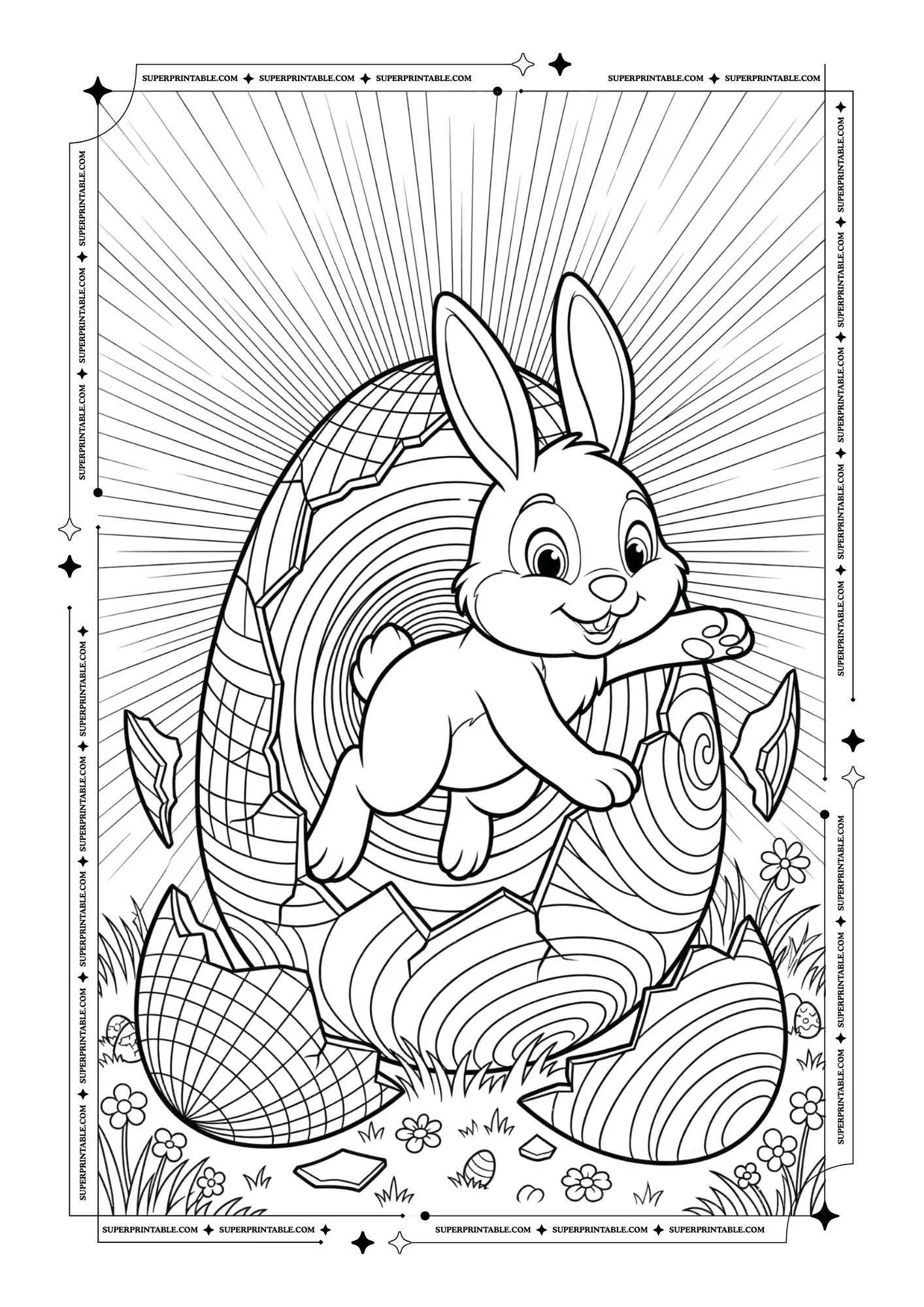 Bunny Jumping Out of Easter Eggs Illusion Coloring Pages 3