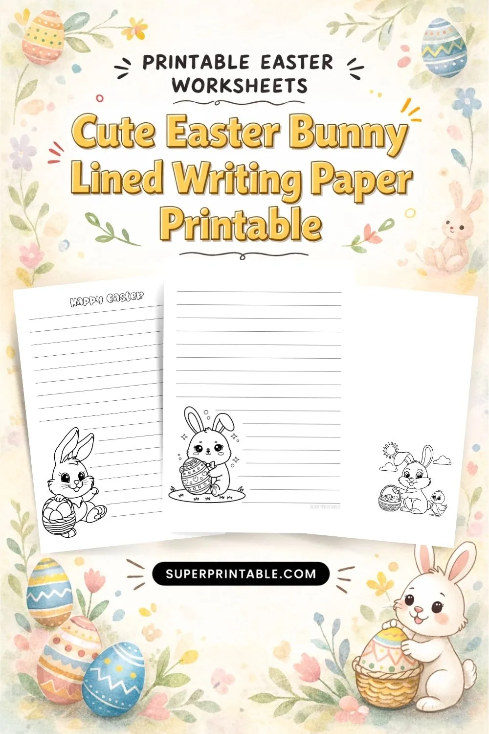 Cute Easter Bunny Lined Writing Paper Printable for Kids Pinterest Image