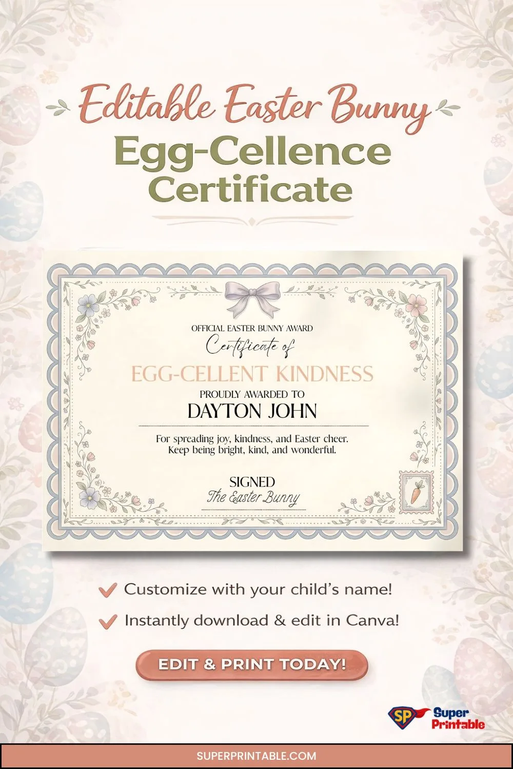 Editable Easter Bunny Egg-Cellence Certificate Pinterest Image