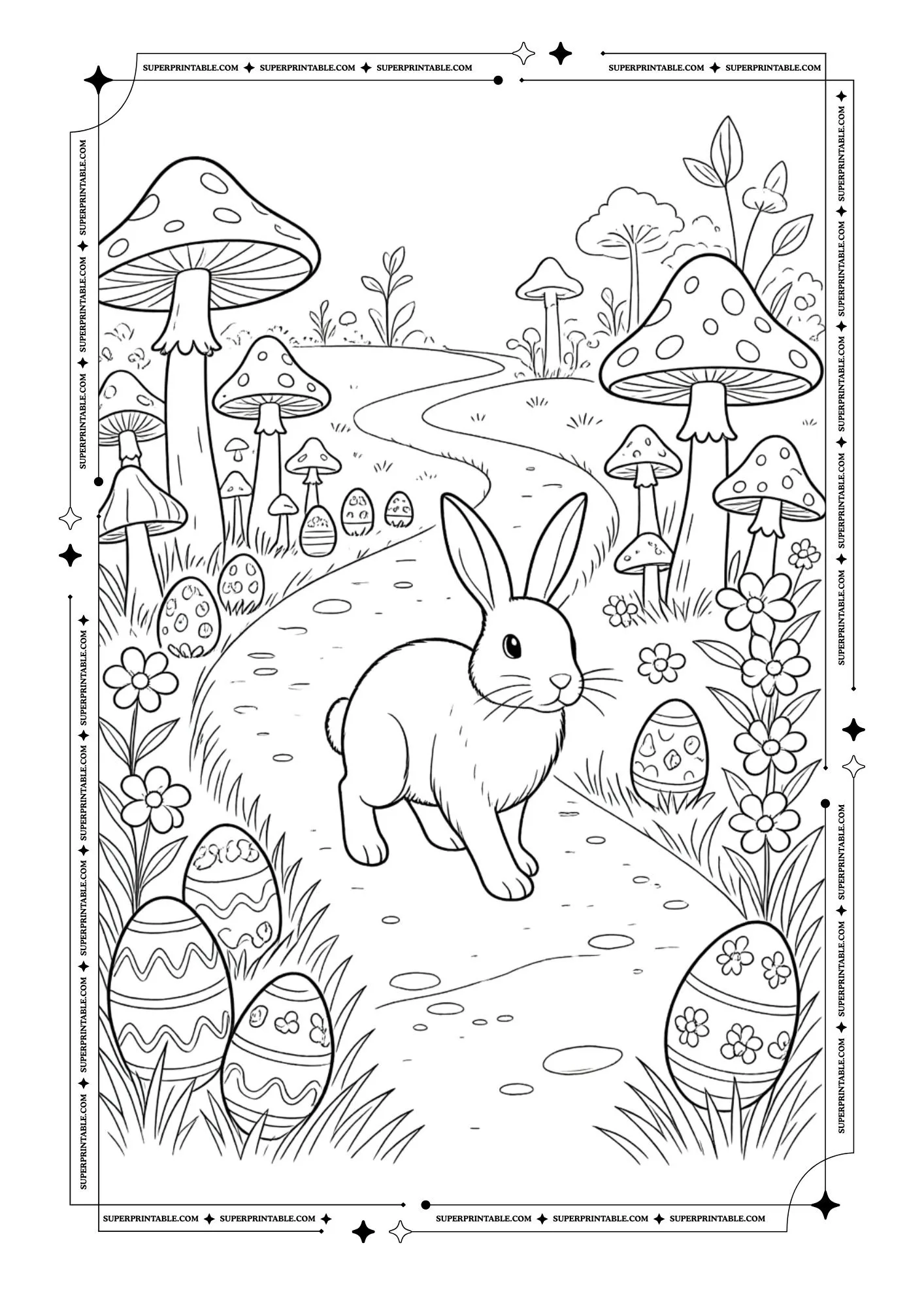 Enchanted Easter Mushroom Garden Coloring Pages 1