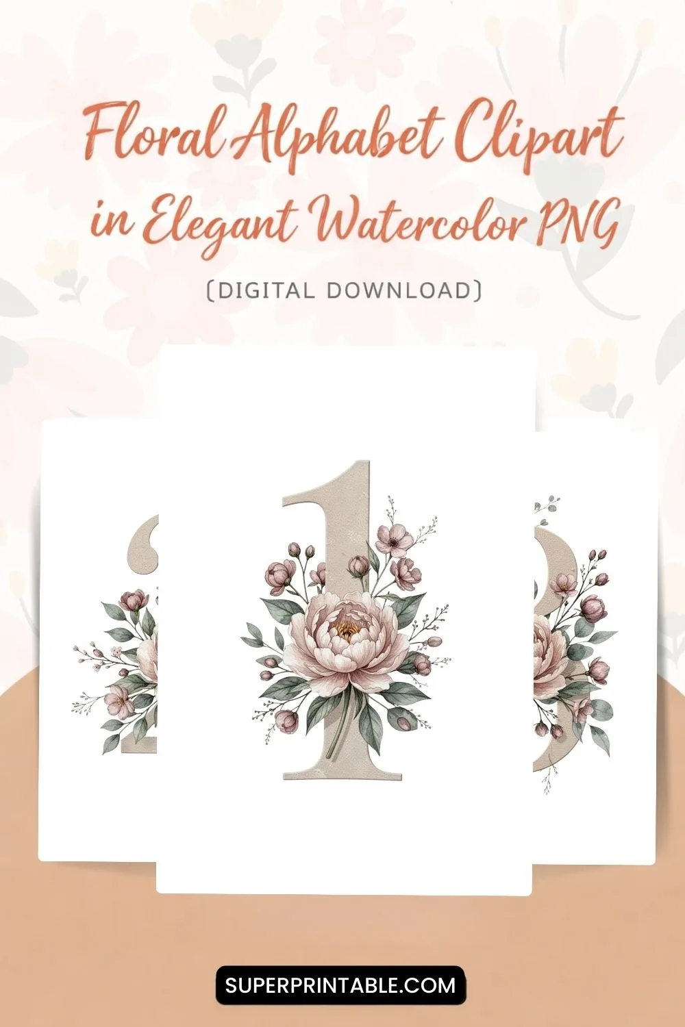 Floral Alphabet Clipart in Elegant Watercolor PNG (Digital Download) Printable Pinterest Image