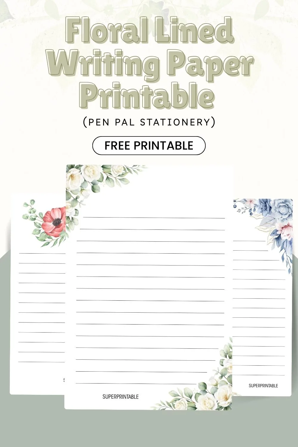 Floral Lined Writing Paper Printable (Pen Pal Stationery) Pinterest Image
