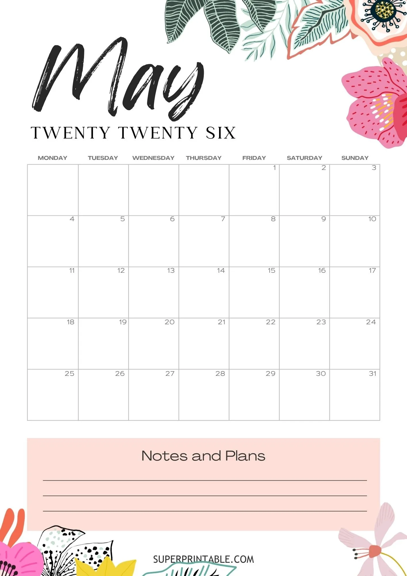 Floral May Calendar 2026 1