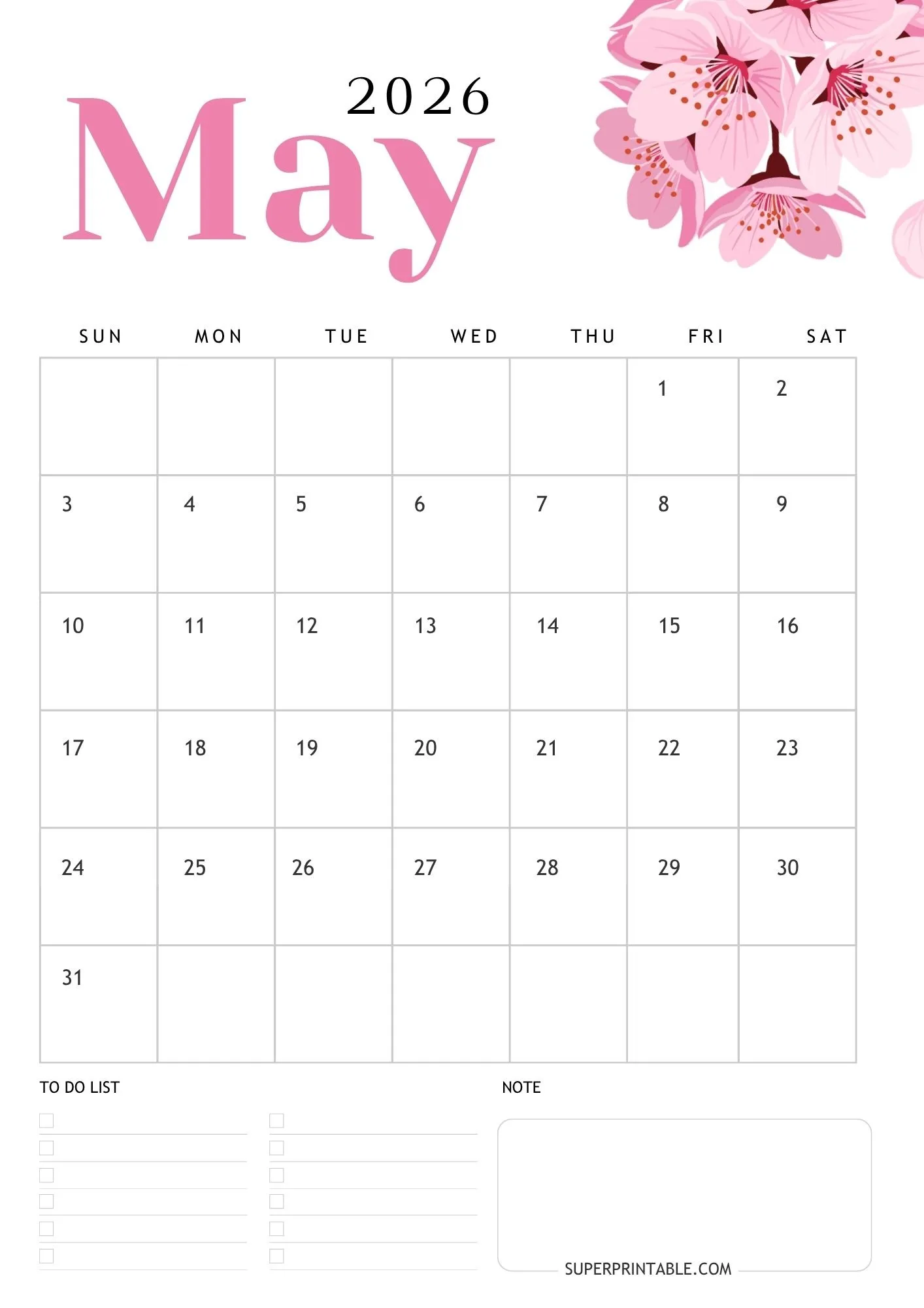 Floral May Calendar 2026 2