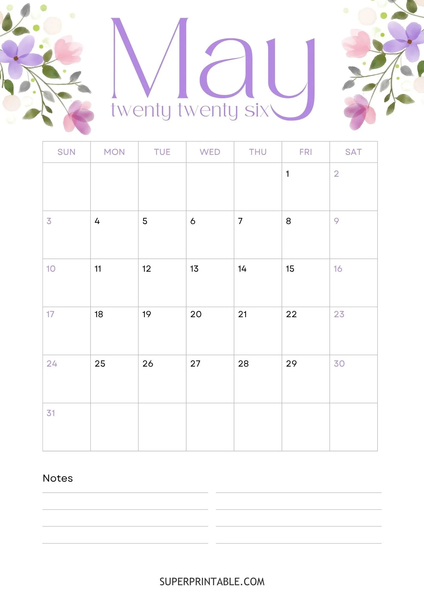 Floral May Calendar 2026 4