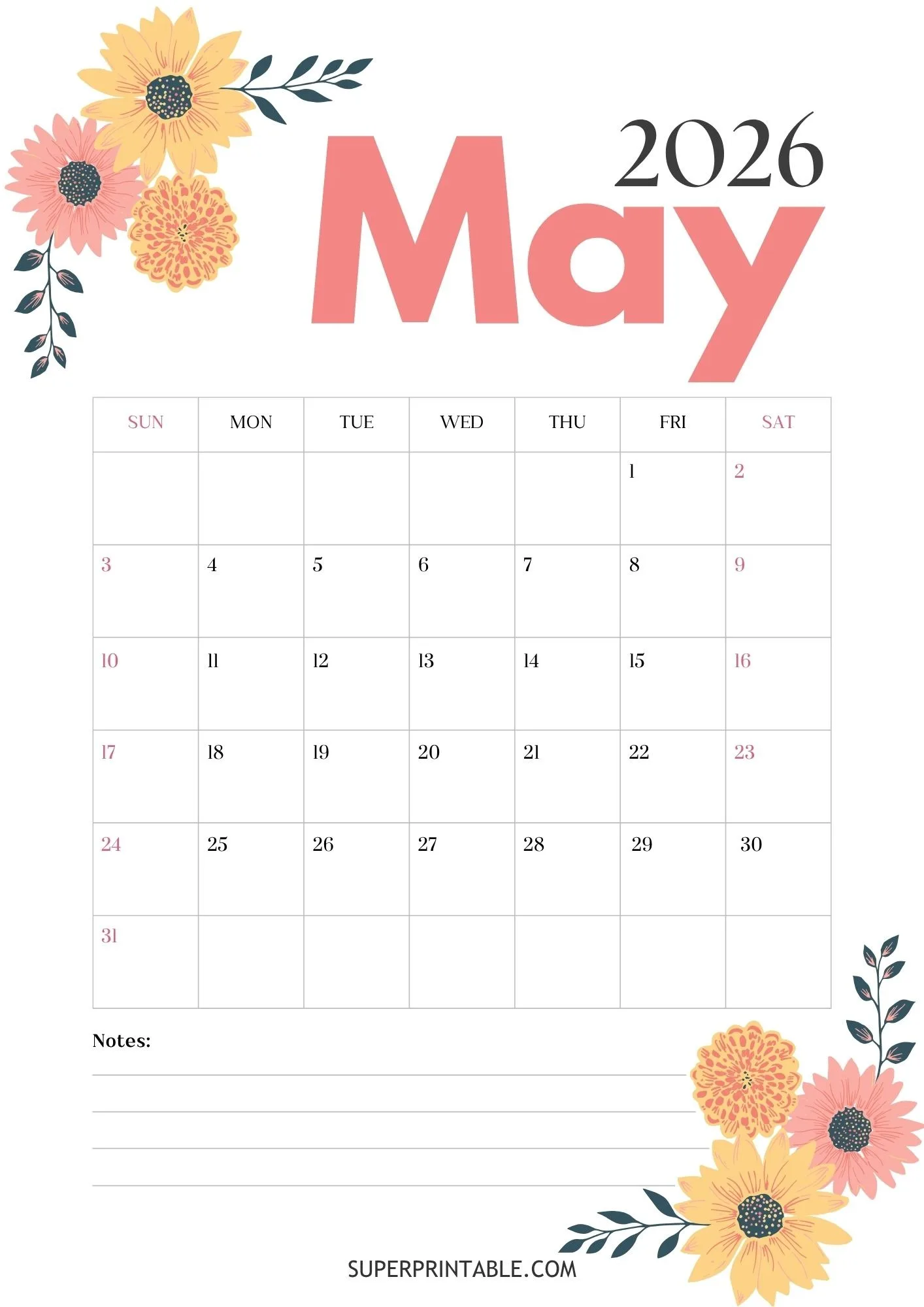 Floral May Calendar 2026 5