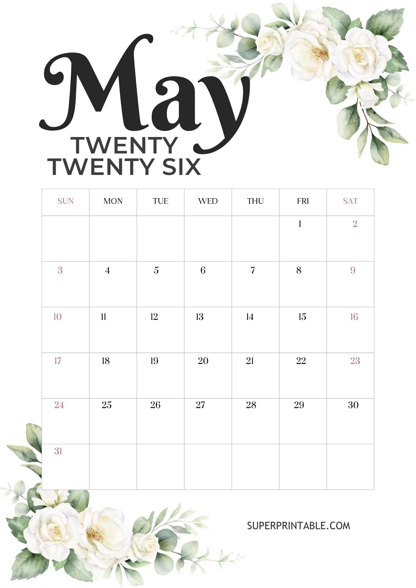 Floral May Calendar 2026 6