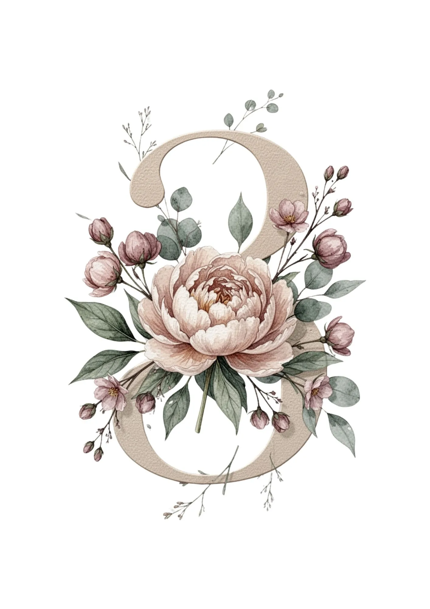 Floral Numbers Clipart in Elegant Watercolor PNG 4