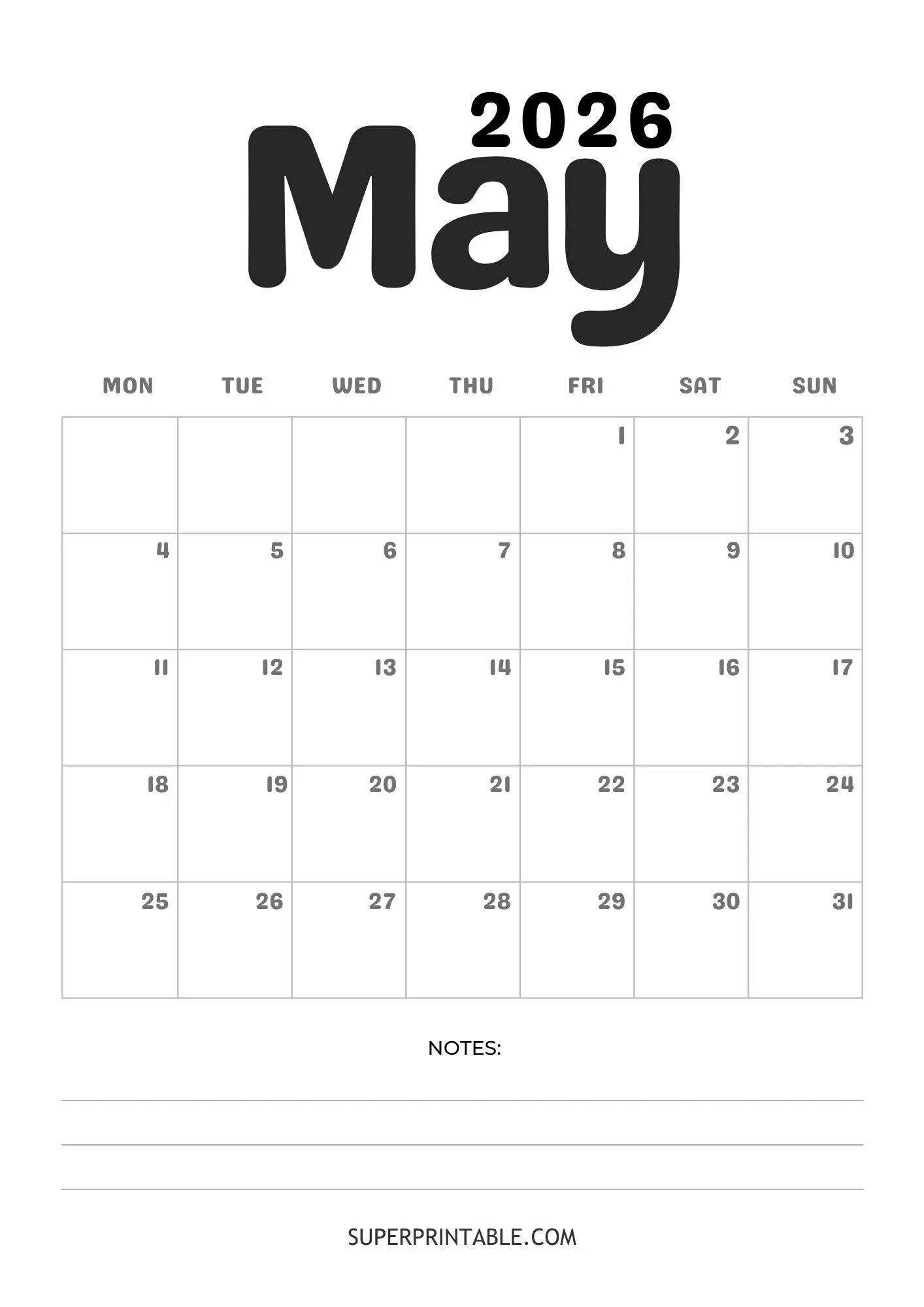 Minimal May Calendar 2026 2