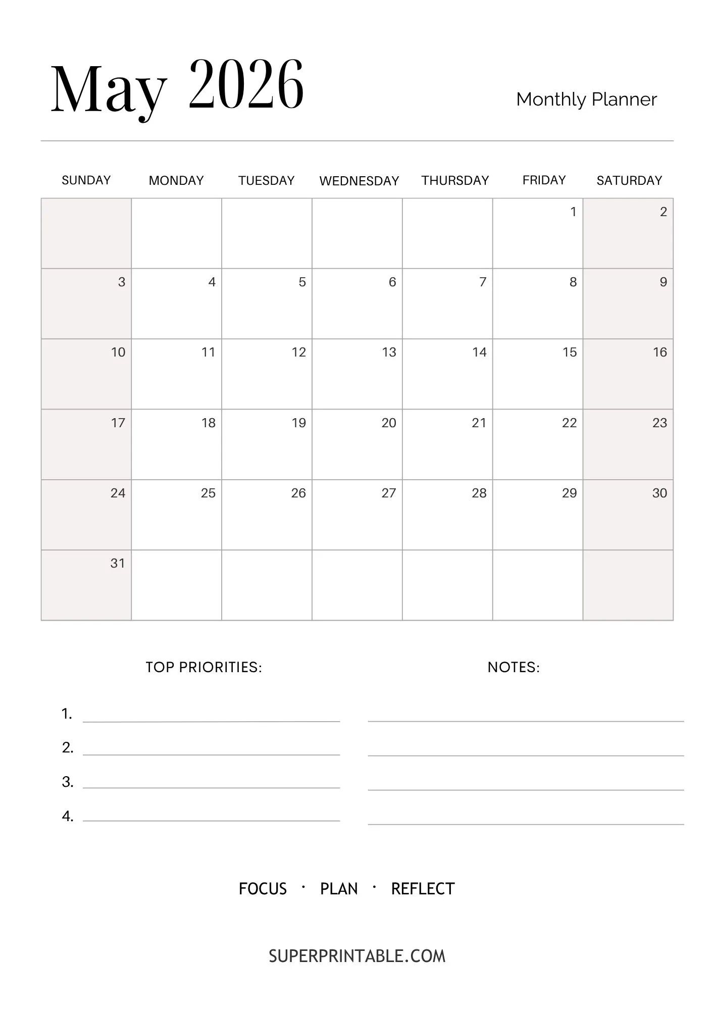 Minimal May Calendar 2026 3