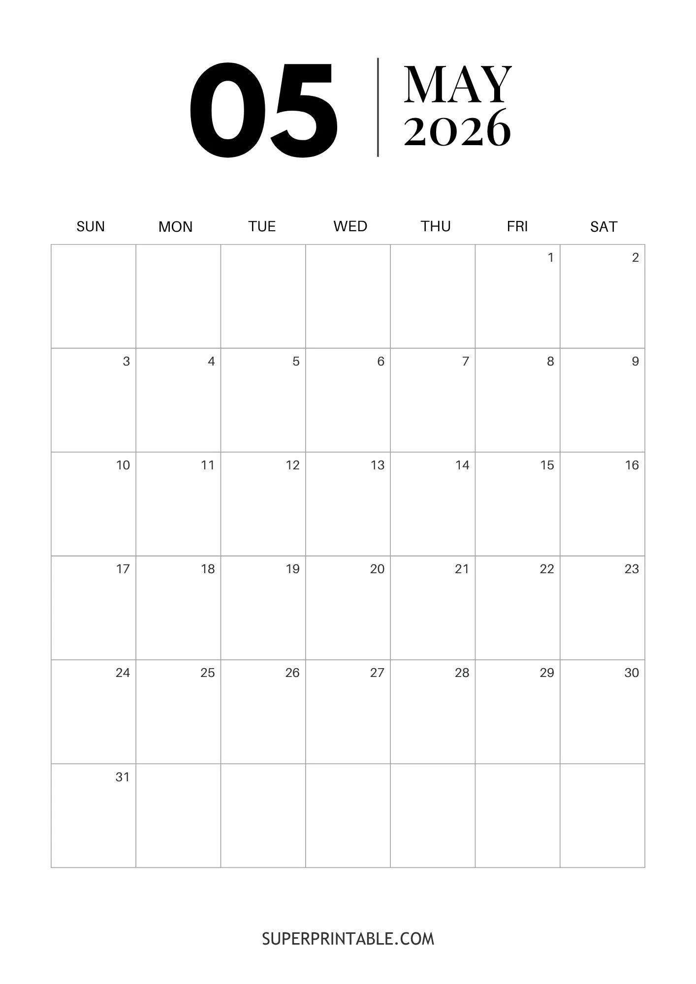 Minimal May Calendar 2026 4