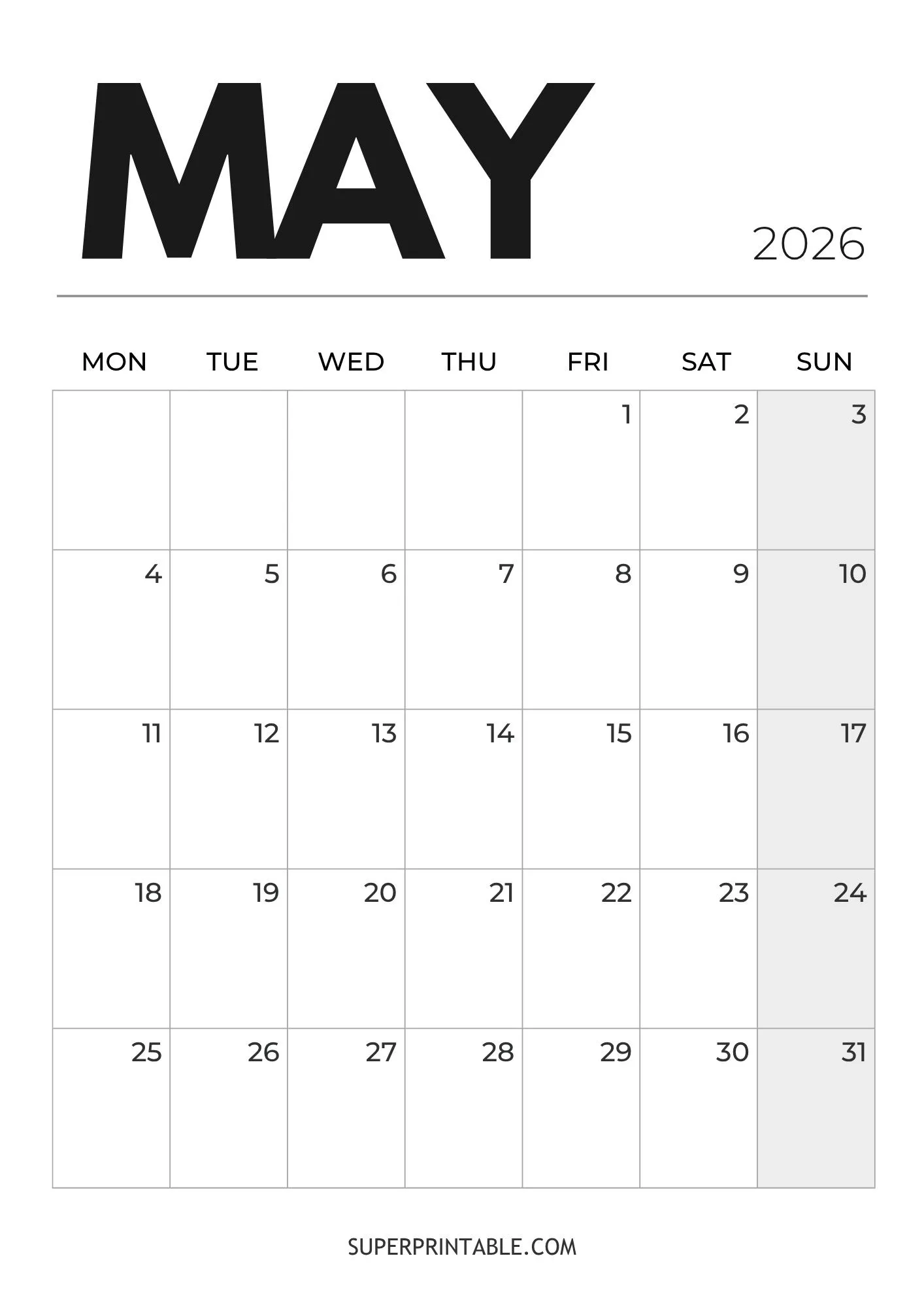 Minimal May Calendar 2026 6