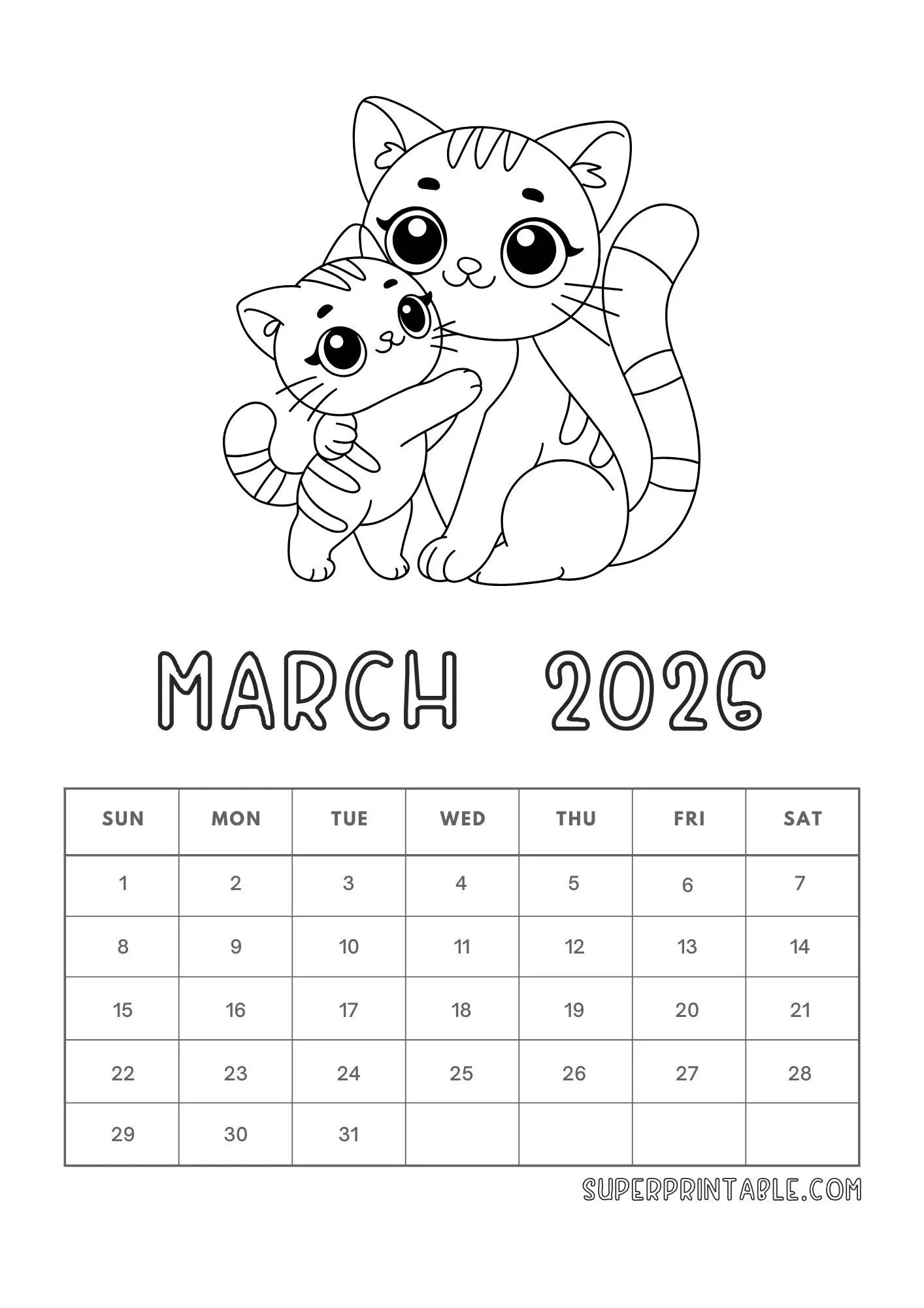 Simple March Coloring Calendar 2026 1