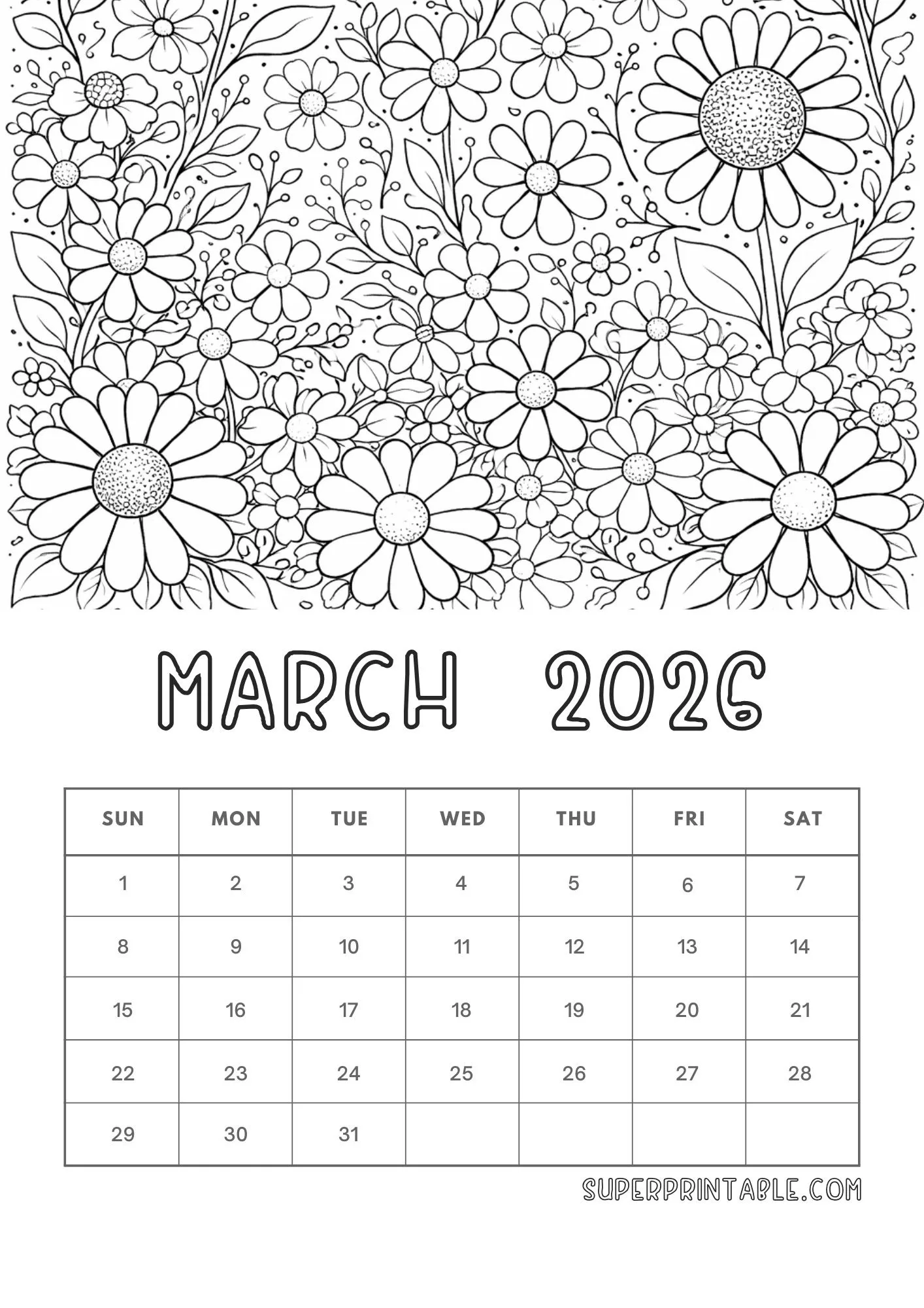 Simple March Coloring Calendar 2026 2