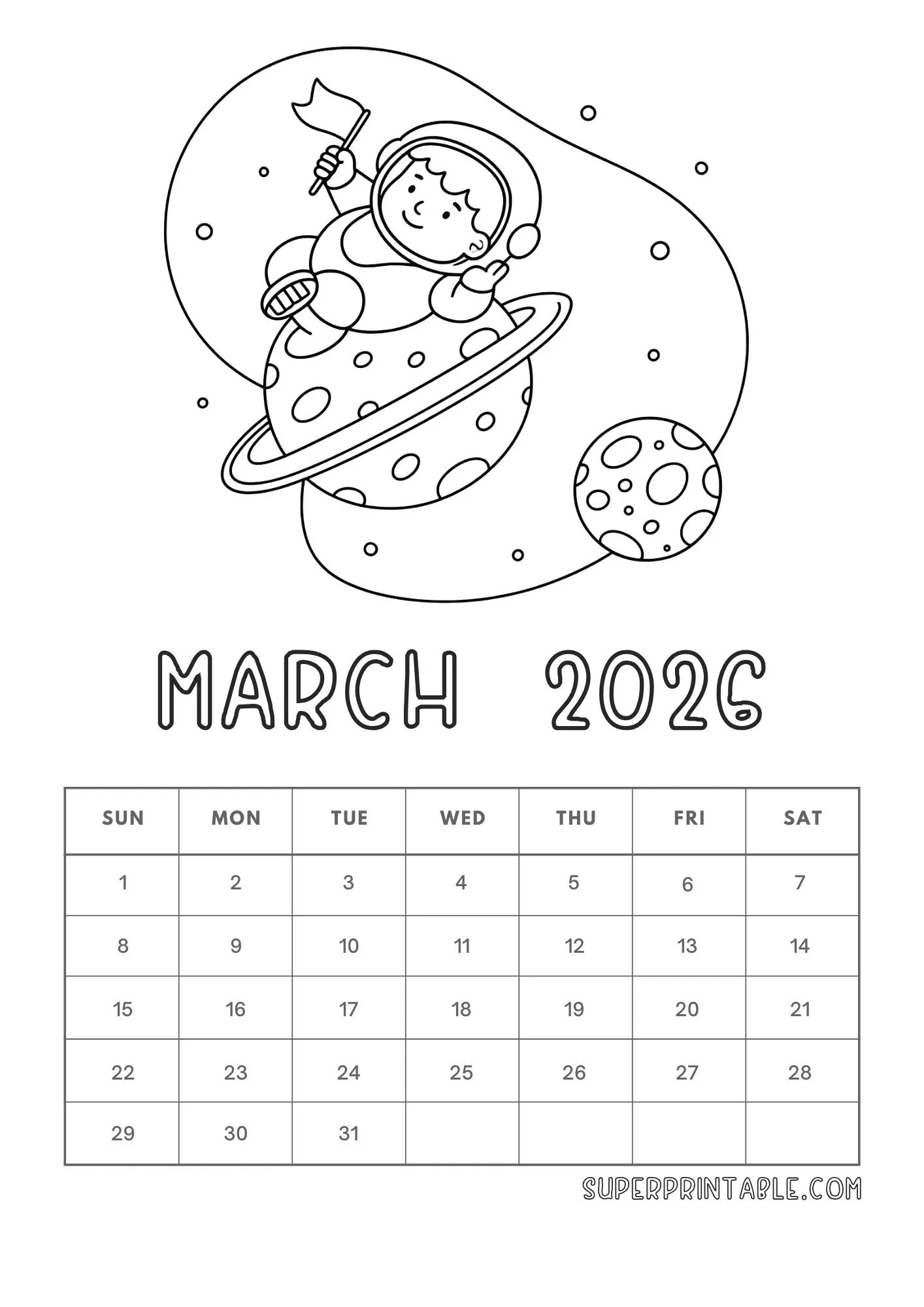 Simple March Coloring Calendar 2026 3