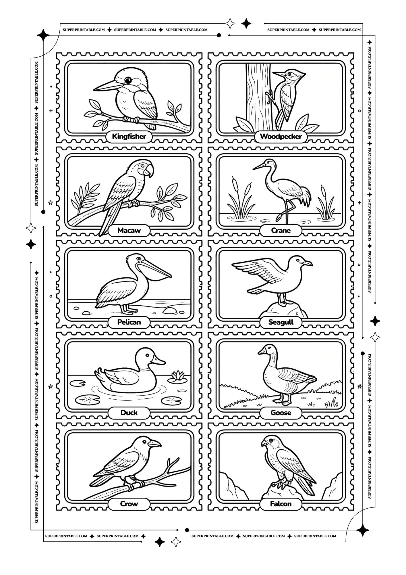 Birds on Stamp Coloring Sheets 1