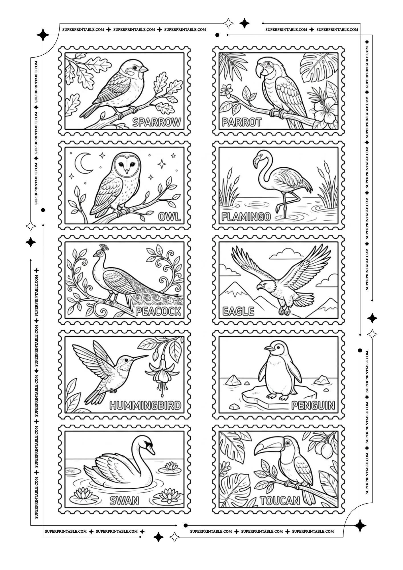 Birds on Stamp Coloring Sheets 2