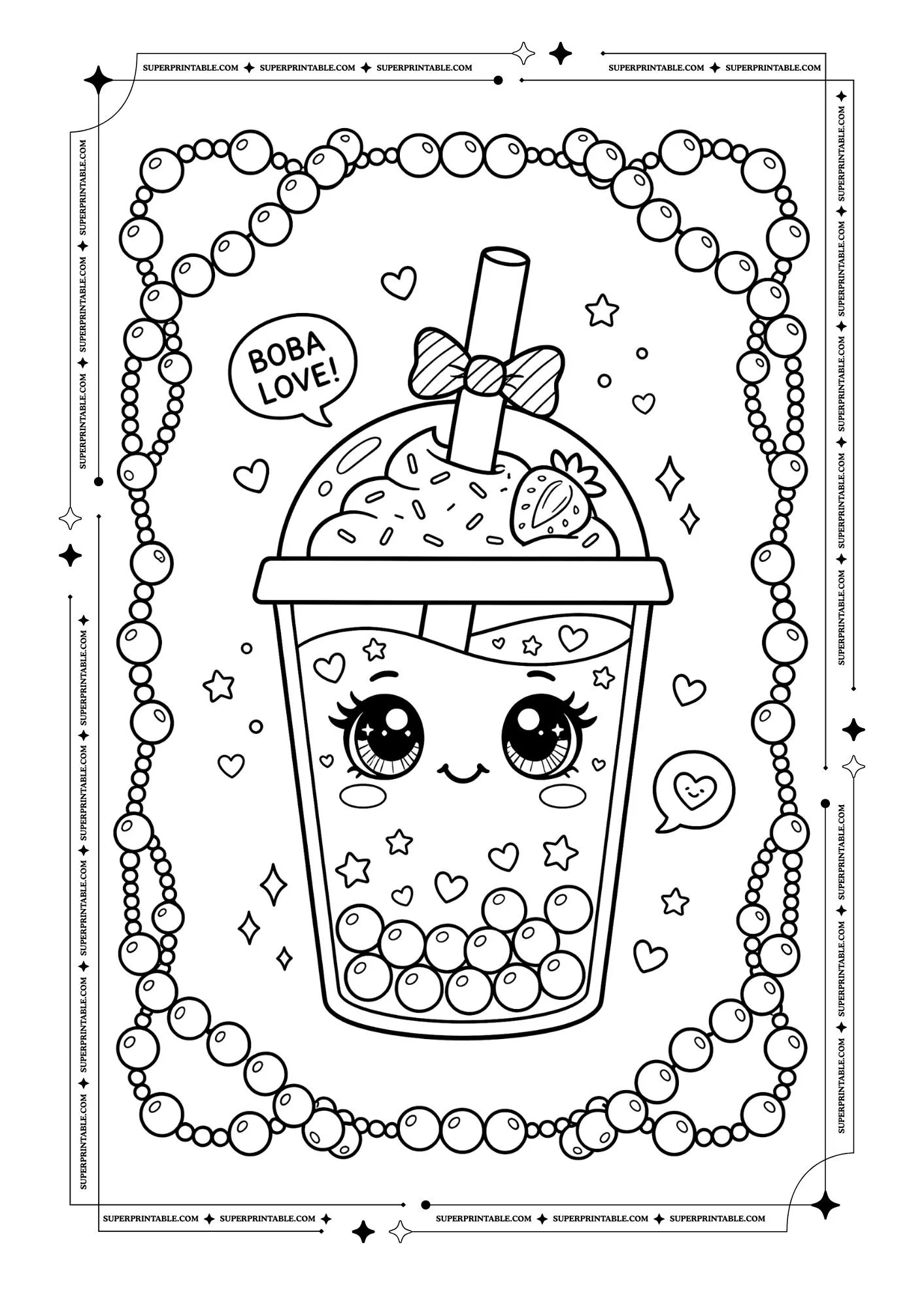 Smiling boba tea with a bow, hearts, pearls, stars, and the words "BOBA LOVE!" inside a decorative border.