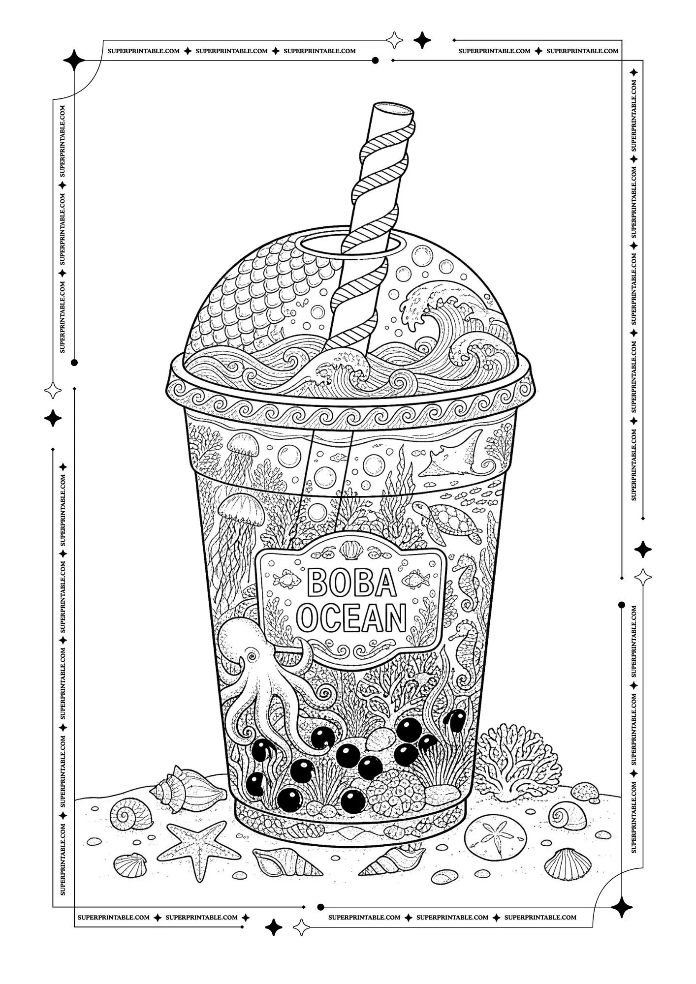Bubble tea with octopus, jellyfish, seahorses, coral, shells, waves, and "BOBA OCEAN" text.
