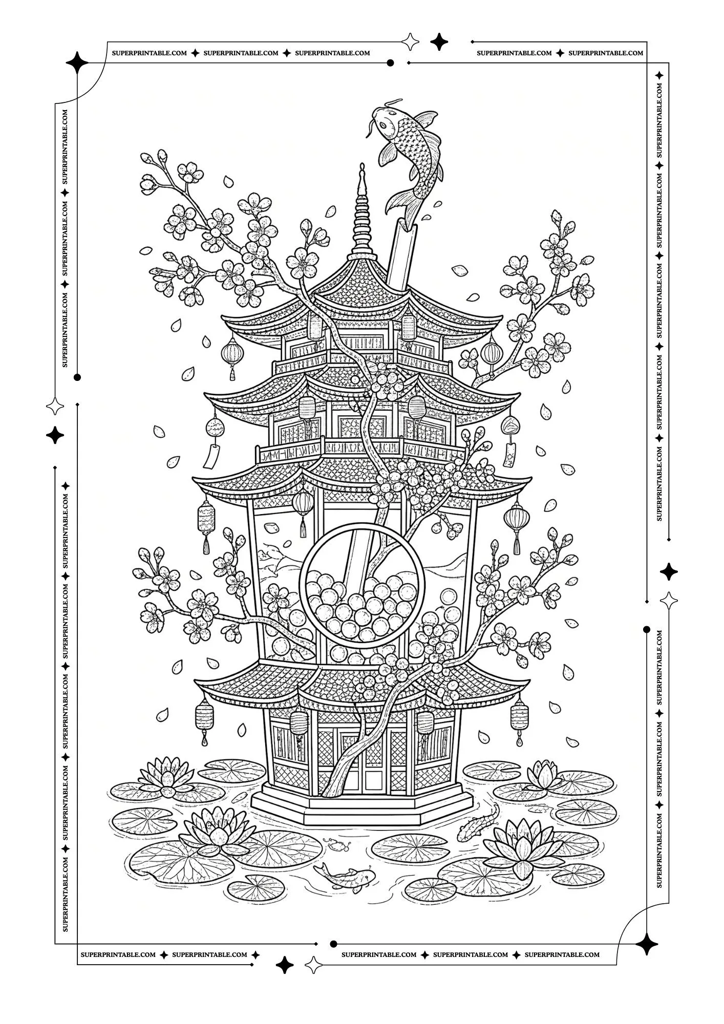Pagoda shaped bubble tea with cherry blossoms, koi fish, lanterns, lotus flowers, and pearls.