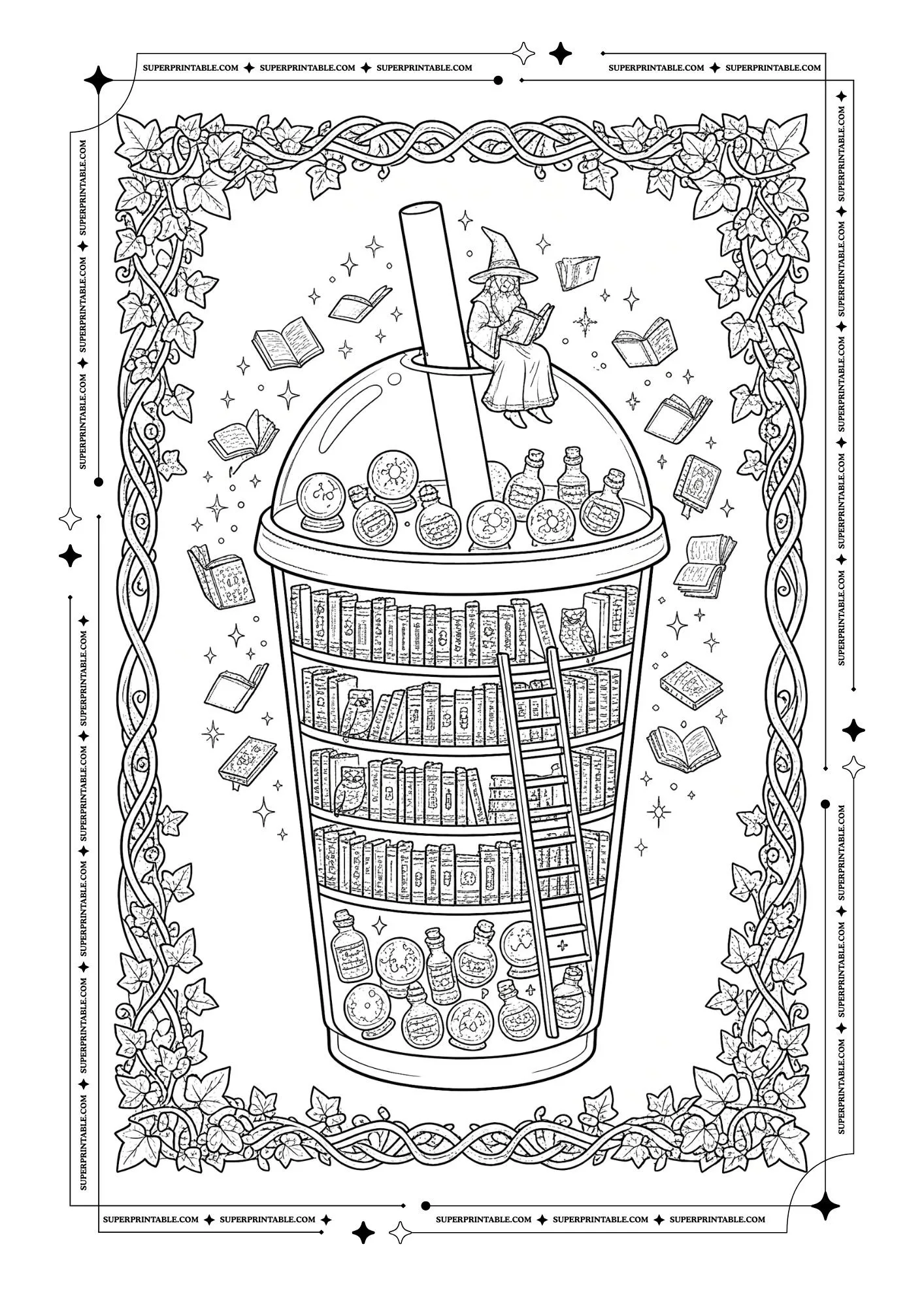 Bubble tea library with bookshelves, potions, ladder, wizard, floating books, and ivy border.