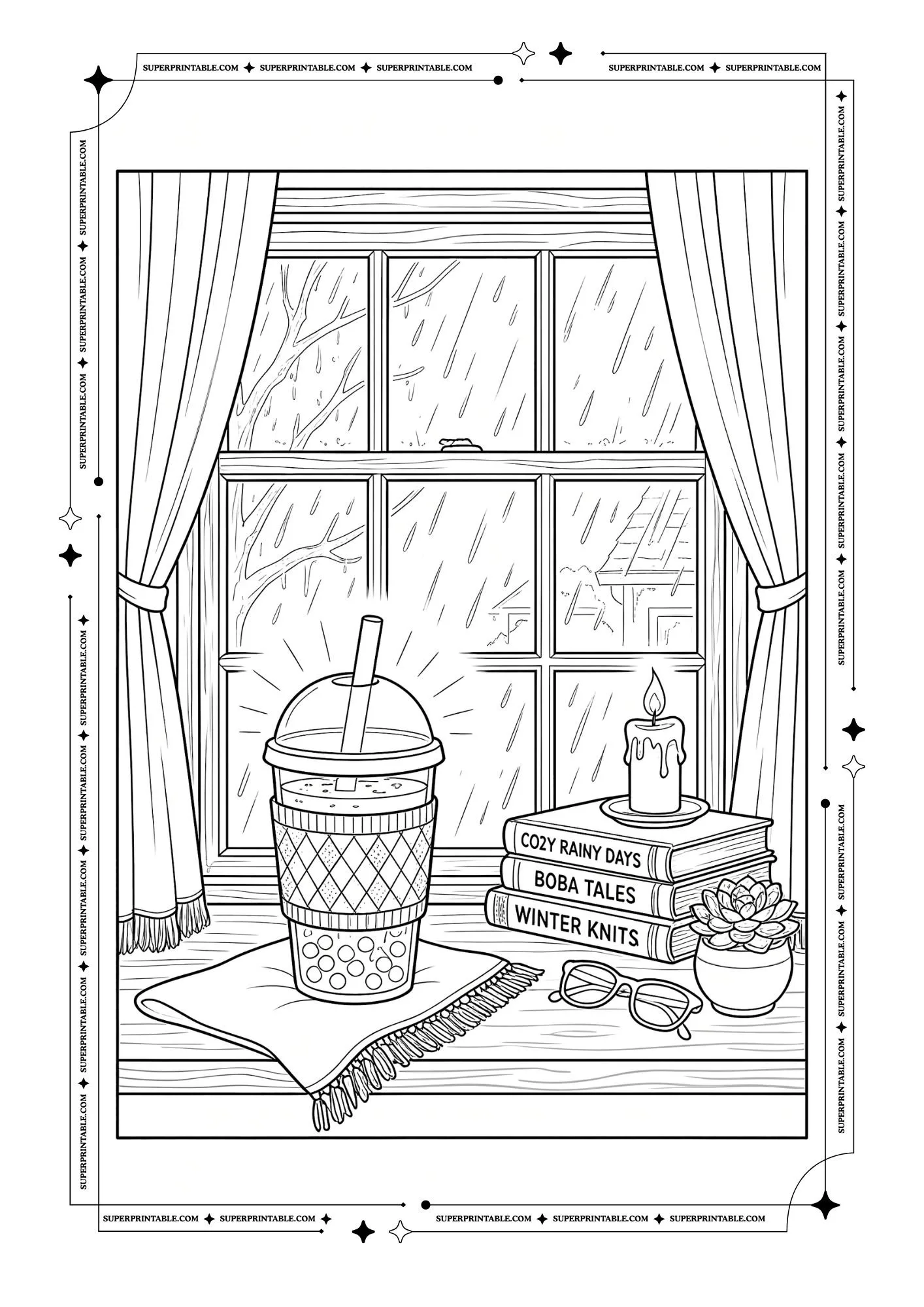 Bubble tea on a windowsill with books, candle, glasses, plant, curtains, and rainy window.