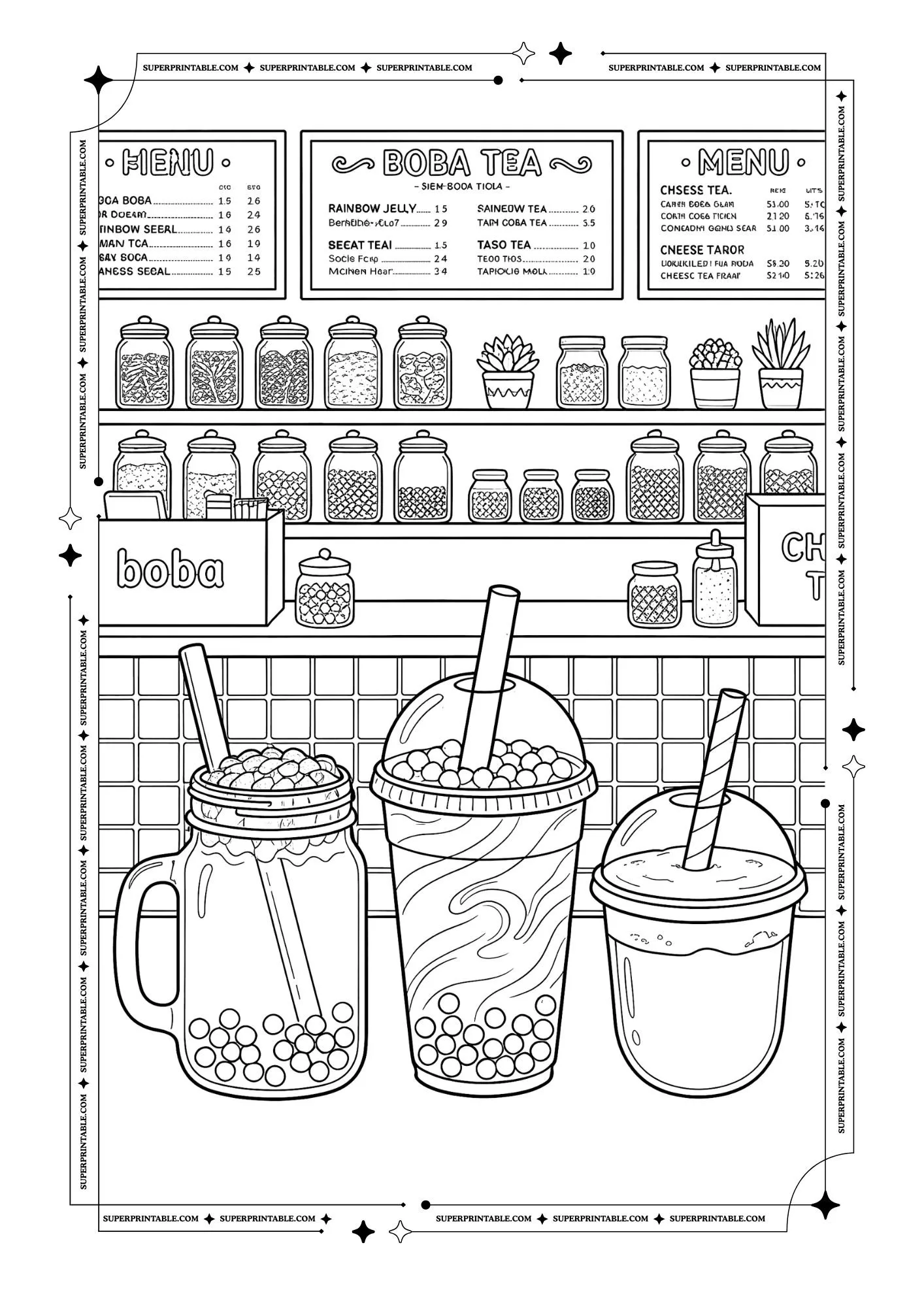 Three bubble tea drinks in a shop with menu boards, jars, shelves, and plants.