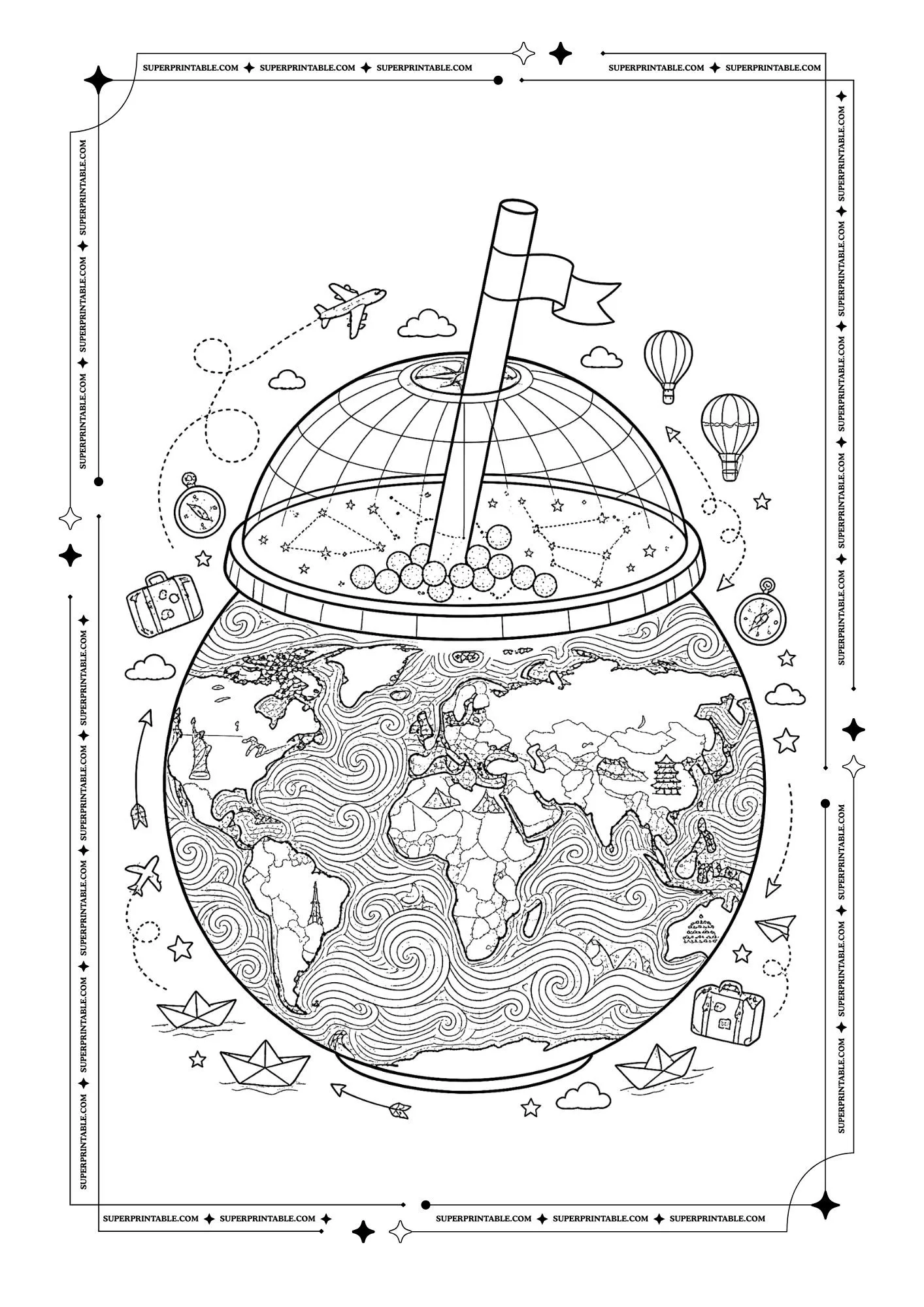Globe shaped bubble tea with world map, airplanes, balloons, stars, and travel items.