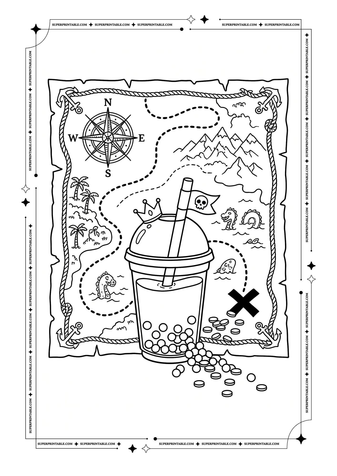 Bubble tea on a pirate map with compass, sea monsters, treasure, coins, and dotted paths.