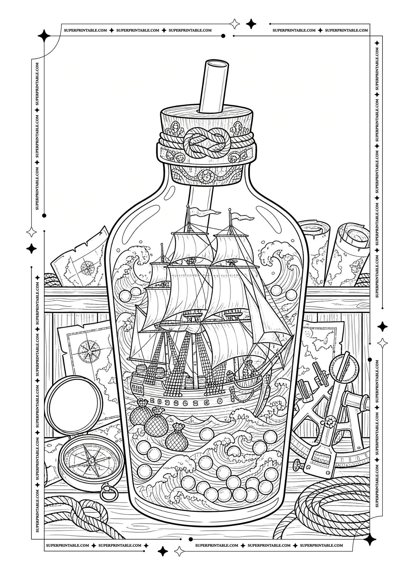 Ship inside a bottle with waves, compass, ropes, maps, sextant, and pearls.