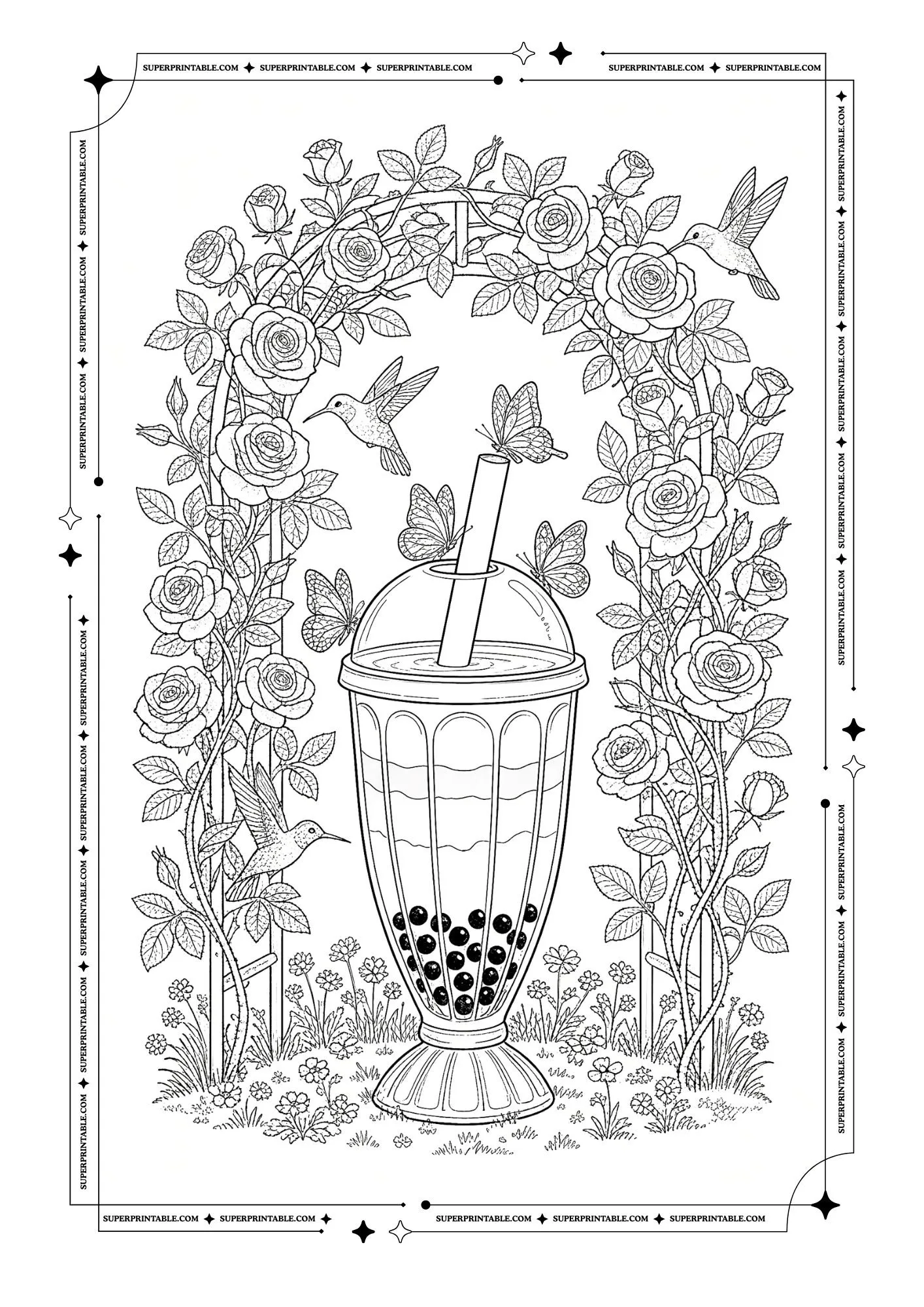 Bubble tea under a rose arch with hummingbirds, butterflies, flowers, and pearls.