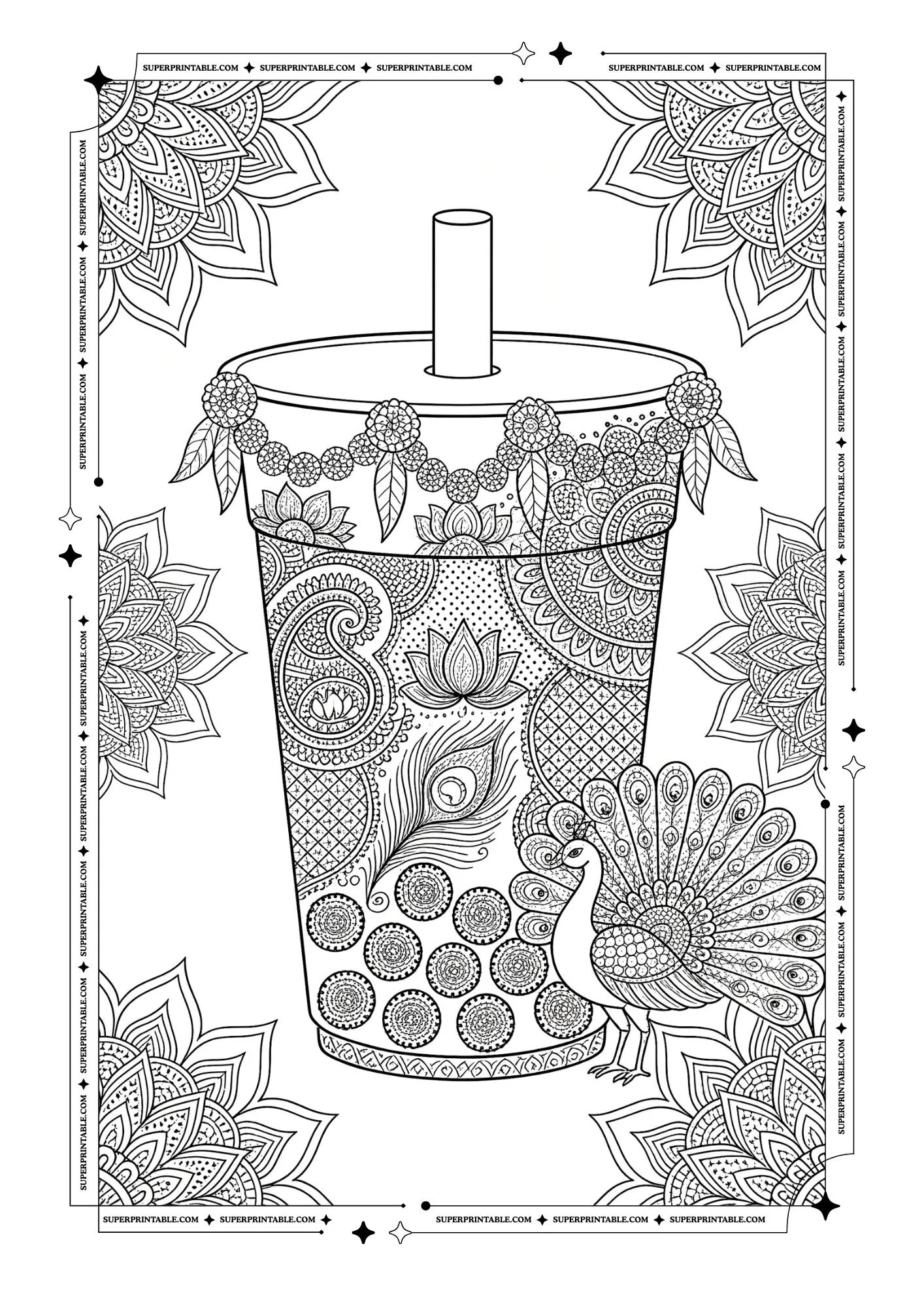 Mandala decorated bubble tea with peacock, lotus, paisley patterns, and pearl garland.