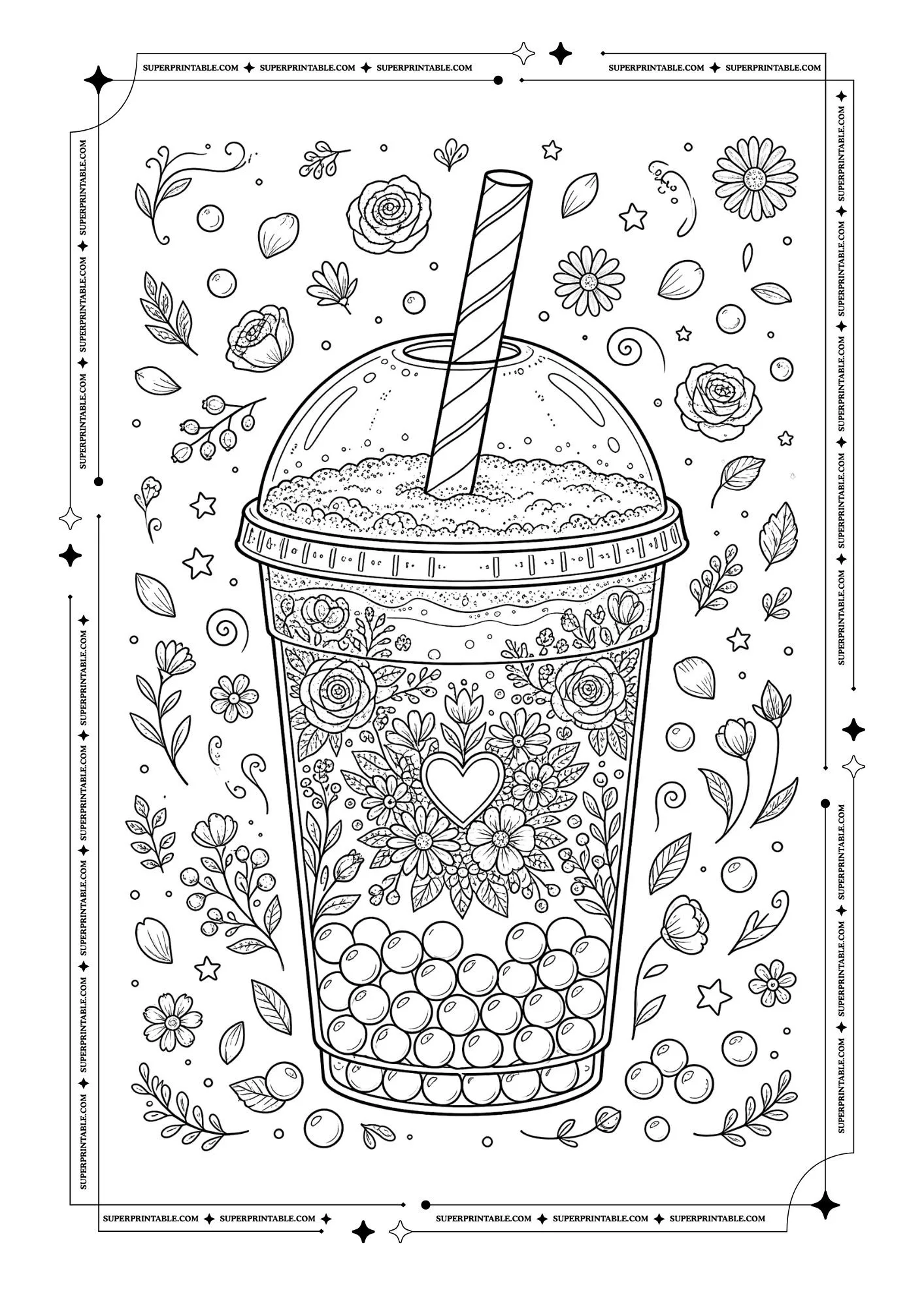 Boba tea cup decorated with flowers, leaves, pearls, and floral designs inside and around the cup.