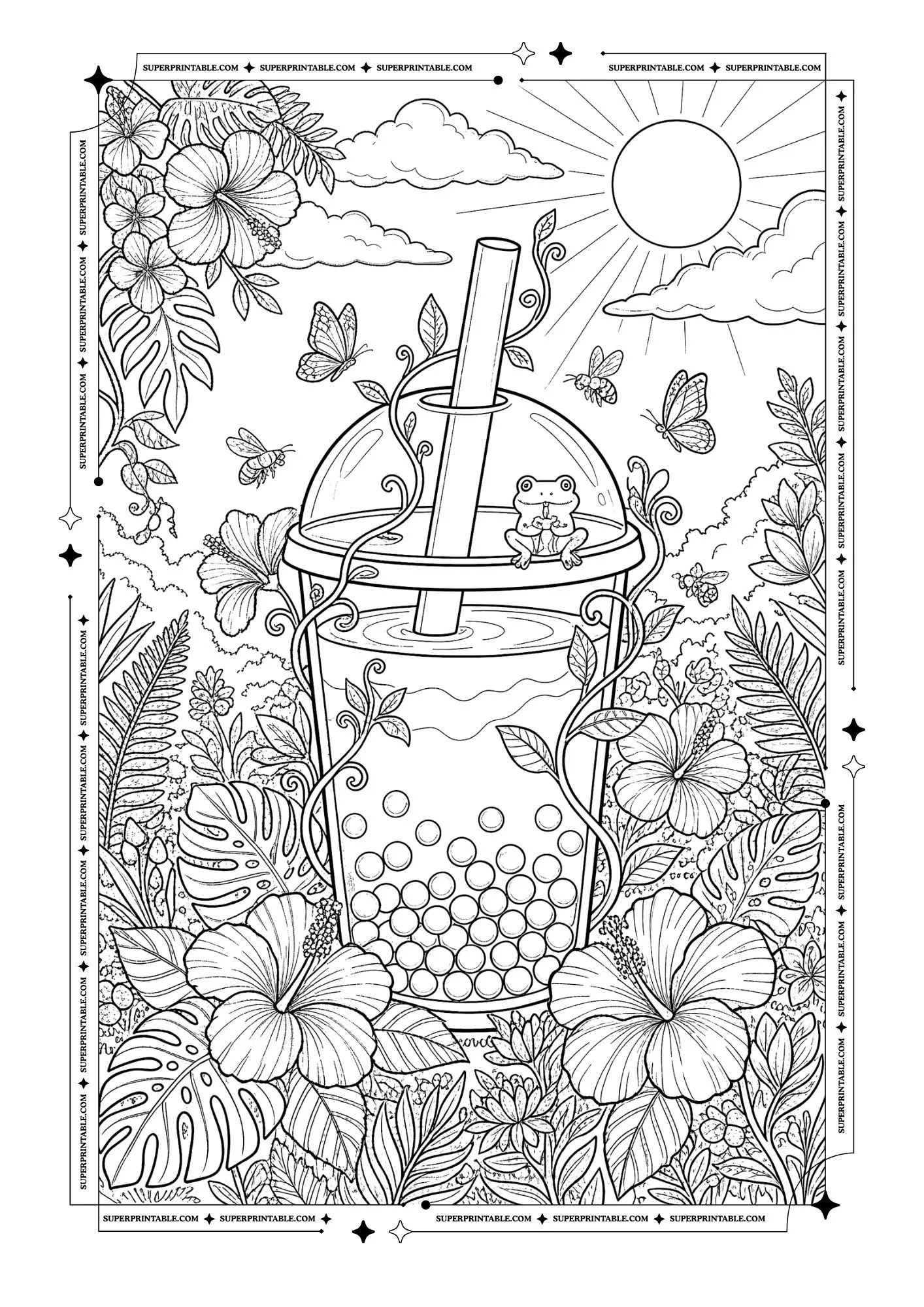 Bubble tea surrounded by tropical flowers, leaves, butterflies, bees, vines, frog, and sunshine.
