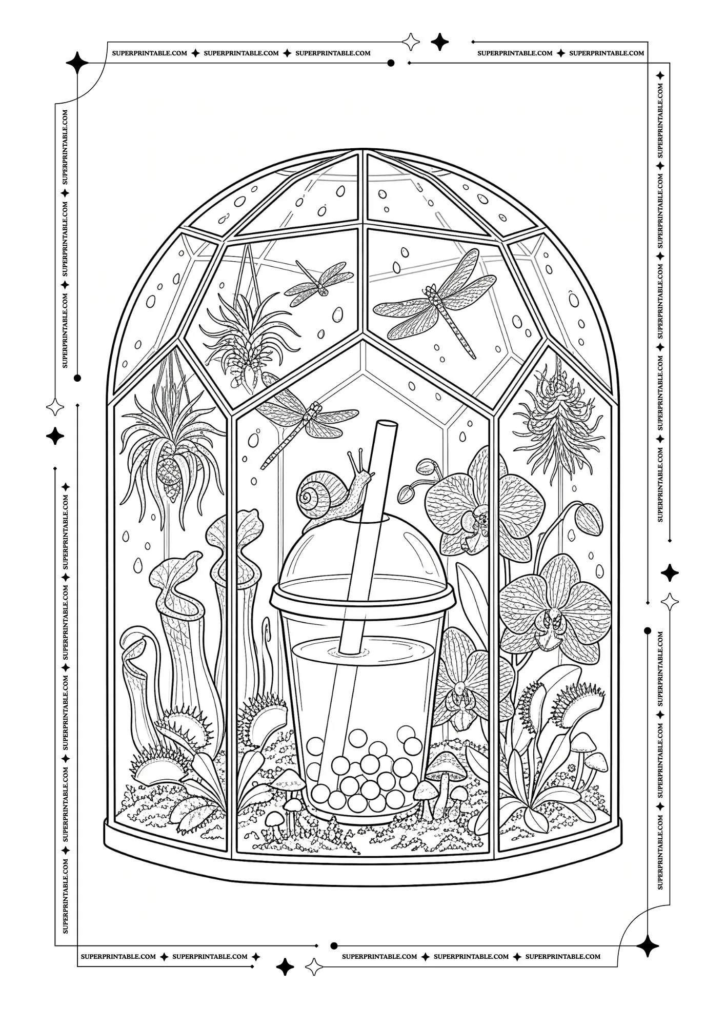 Bubble tea inside a glass terrarium with orchids, air plants, dragonflies, a snail, and decorative plants.