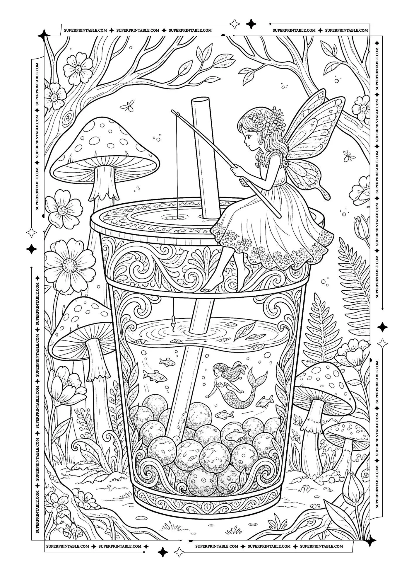 Fairy sitting on a bubble tea cup fishing among mushrooms, flowers, trees, and a tiny mermaid.