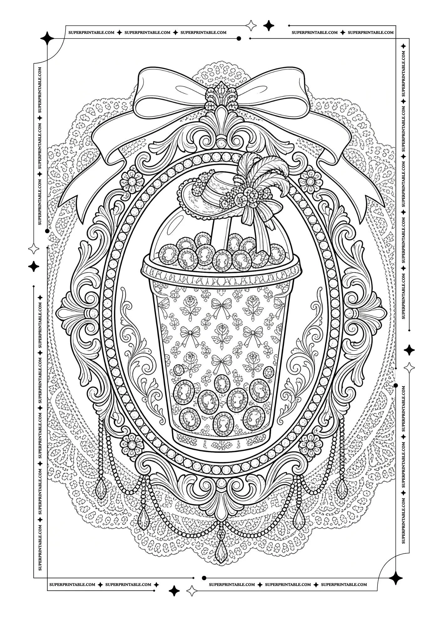 Decorative bubble tea cup inside a vintage frame with bows, flowers, lace, and elegant patterns.
