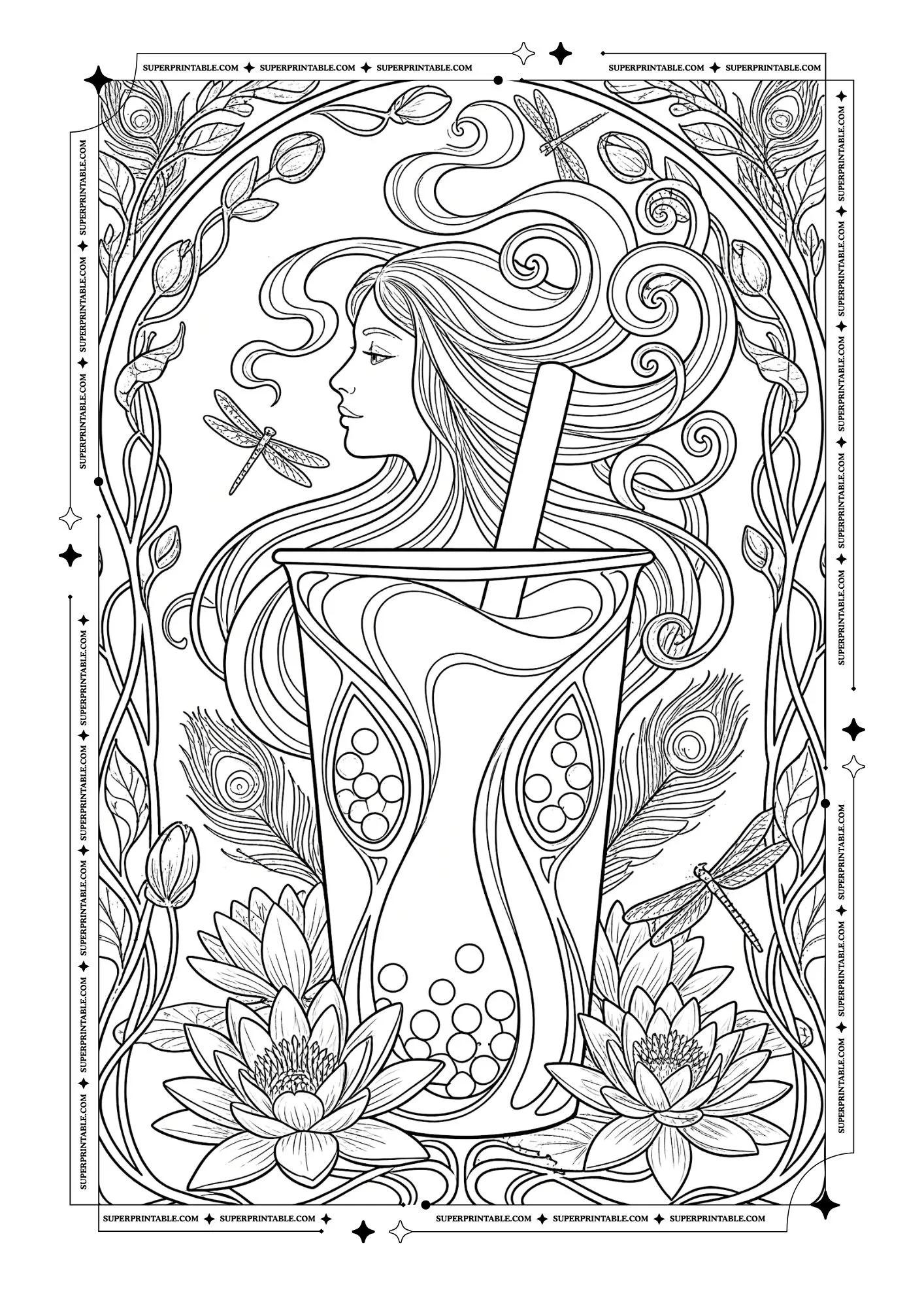 Woman with flowing hair beside a bubble tea cup surrounded by flowers, vines, and dragonflies.