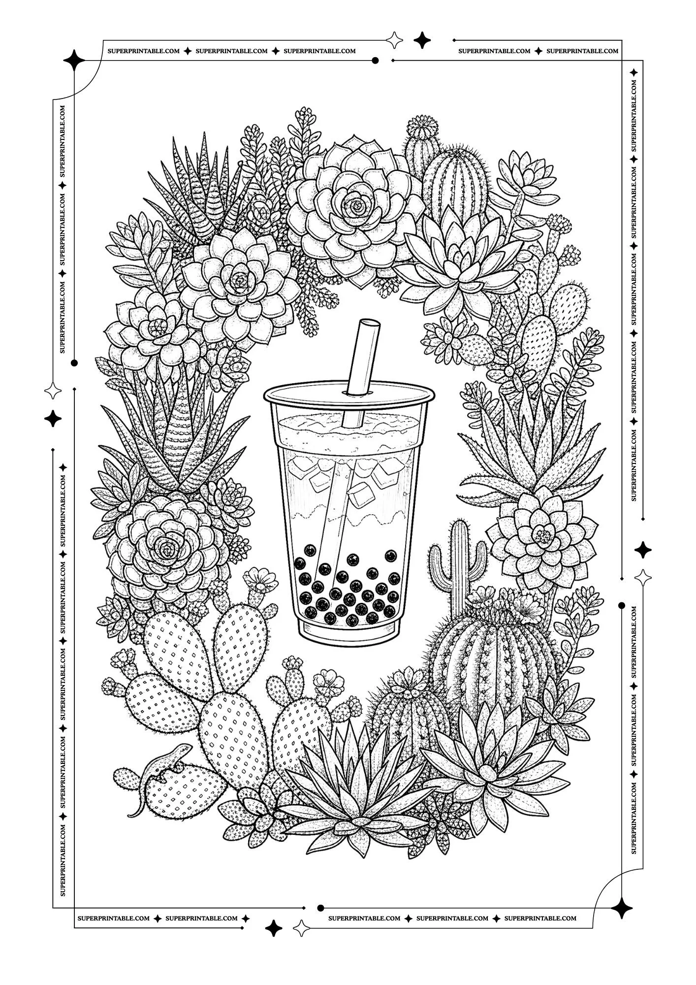 Bubble tea cup surrounded by succulents, cacti, and desert plants in a wreath.