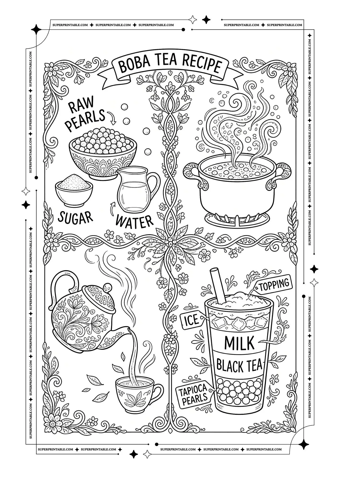 Bubble tea recipe with labeled ingredients, cooking pot, teapot, and finished drink.