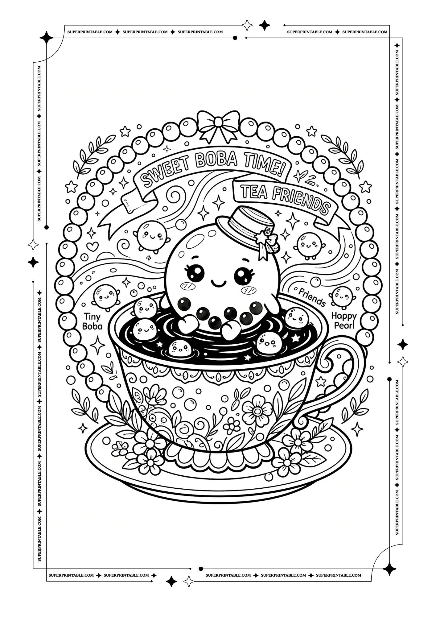 Smiling boba character in a teacup with tiny pearl friends, stars, flowers, and banners.